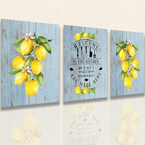 3 piezas de decoración rústica de limón en acuarela, impresiones artísticas de pared de limón para el hogar, granja, cocina, decoración de cocina,