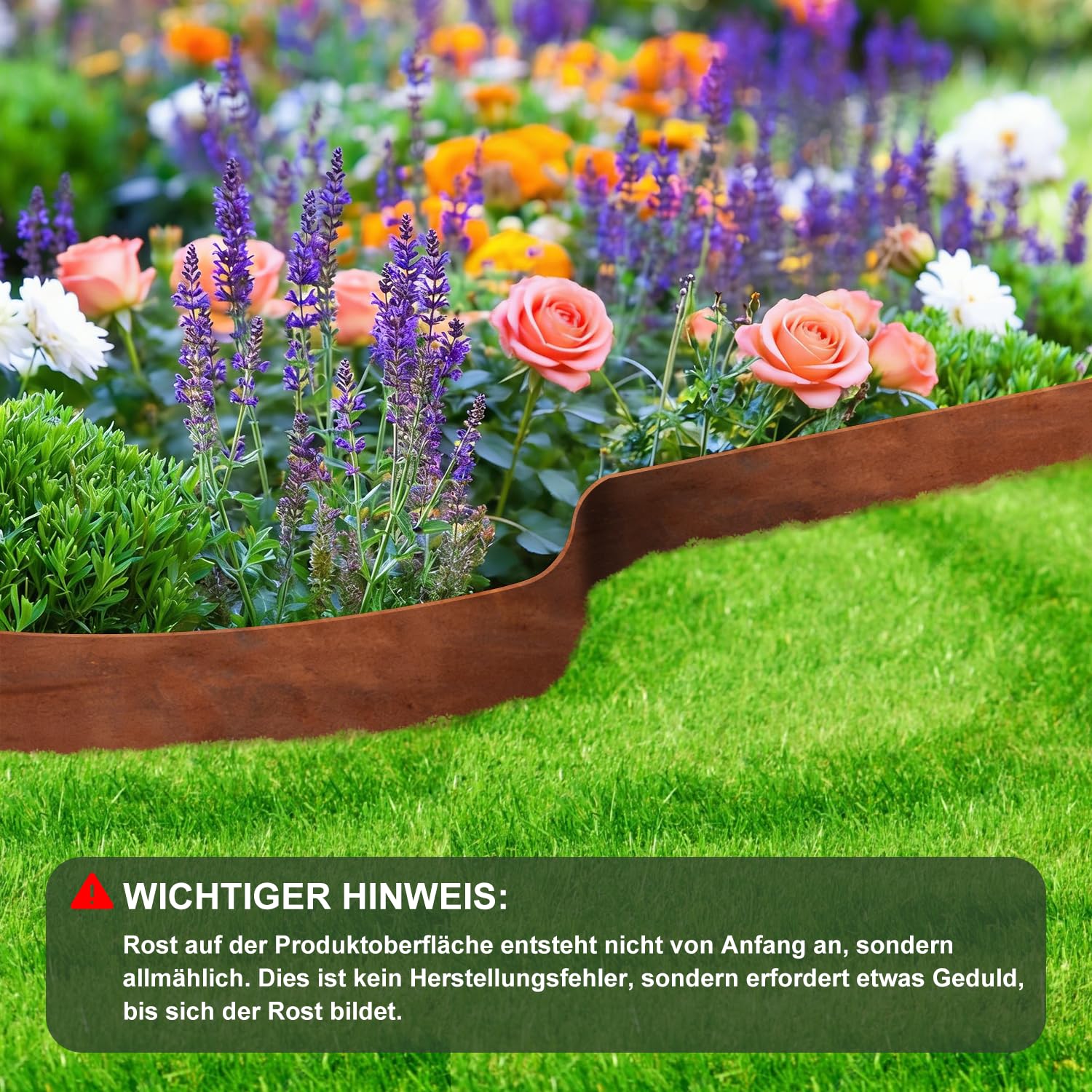 Krawędź trawnika ze stali kortenowej, metalowa, 10 m, 15 cm, wysokość 15 cm, donica na rośliny, pierścienie na rośliny, obramowanie rabatki z rdzą, obrzeże trawnika, krawędź do koszenia, do
