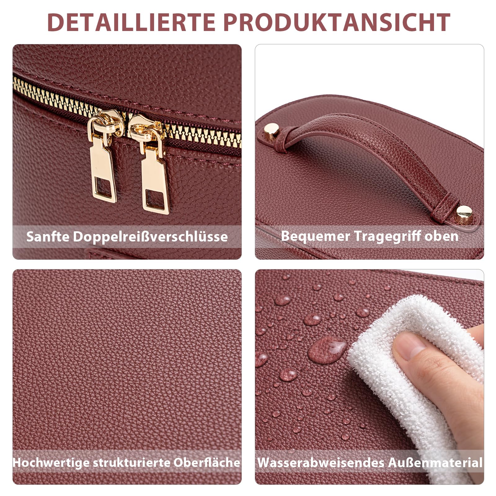 Kosmetiktasche Damen, Make Up Tasche für Frauen – Leder Vanity Case mit herausnehmbarer Trennwand, Waschbare Fächer