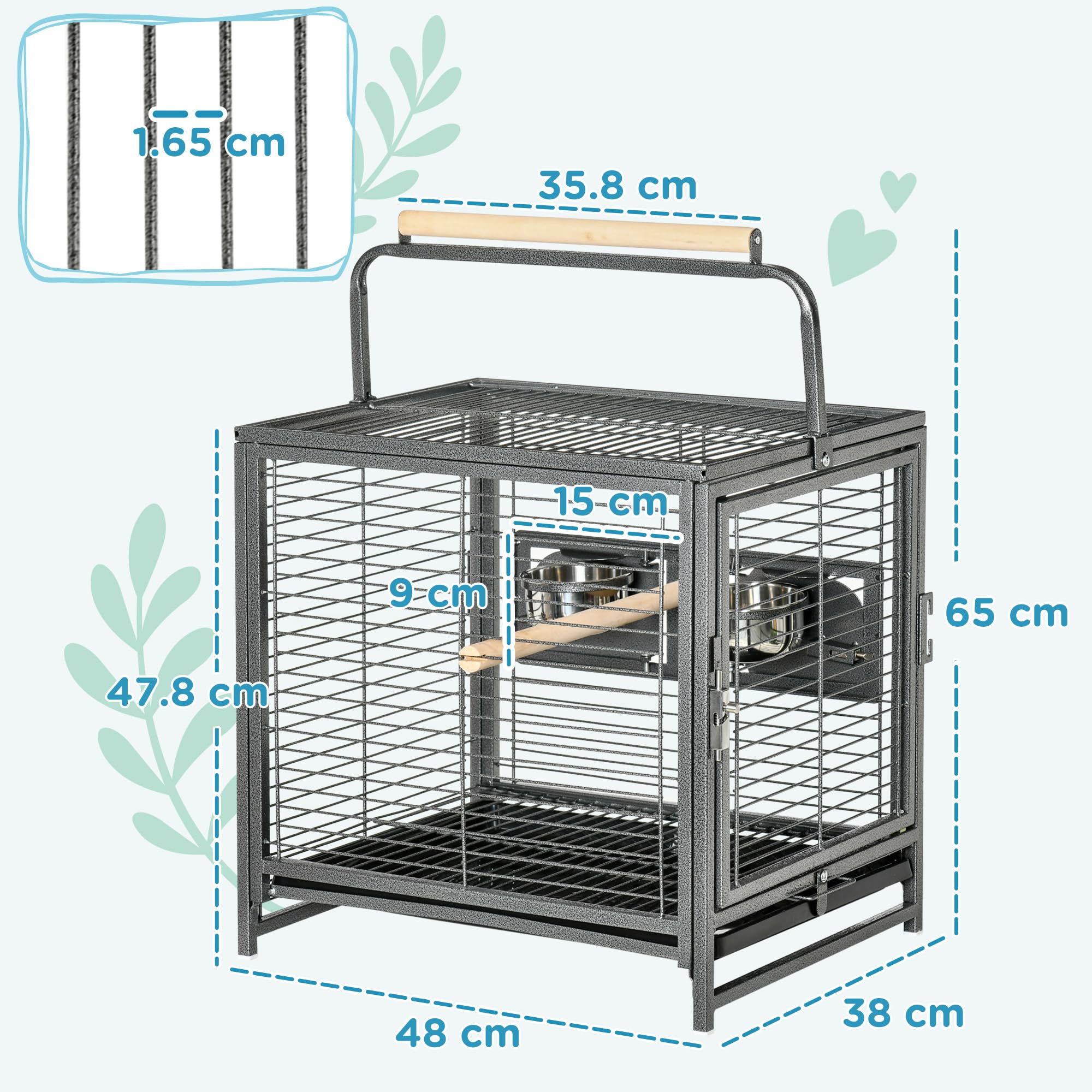 PawHut Gabbia per Pappagalli con Vassoio rimovibile, Ciotole in Acciaio Inox e 2 Posatoi, 48x38x65cm Nero