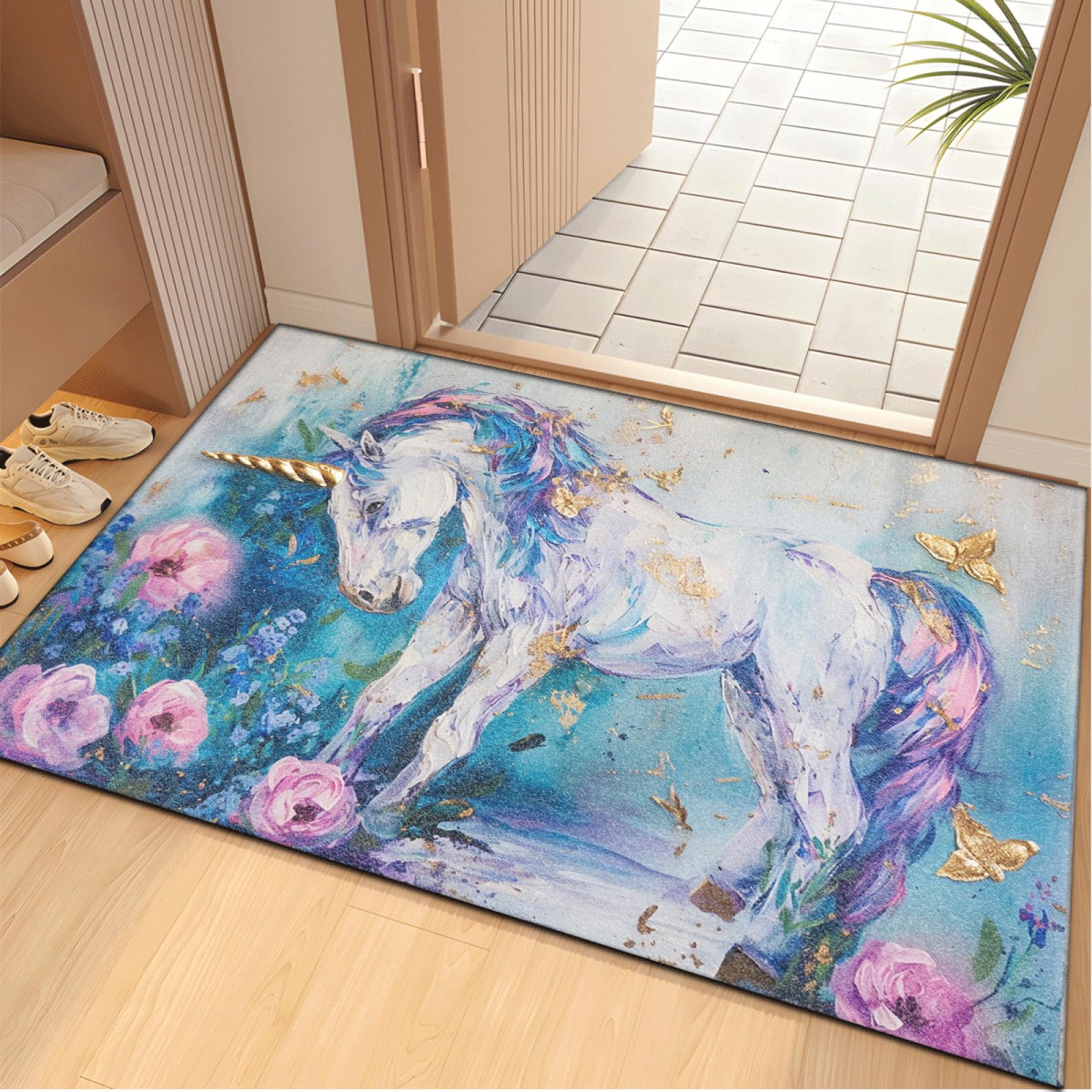 Fussmatte Innen 80x120 cm Blau Rosa Einhorn Fussmatte Aussen rutschfeste für Hund Eingang Badematte Waschbar Schmutzfangmatte Strapazierfähige und Langlebige Fussmatten Haustür