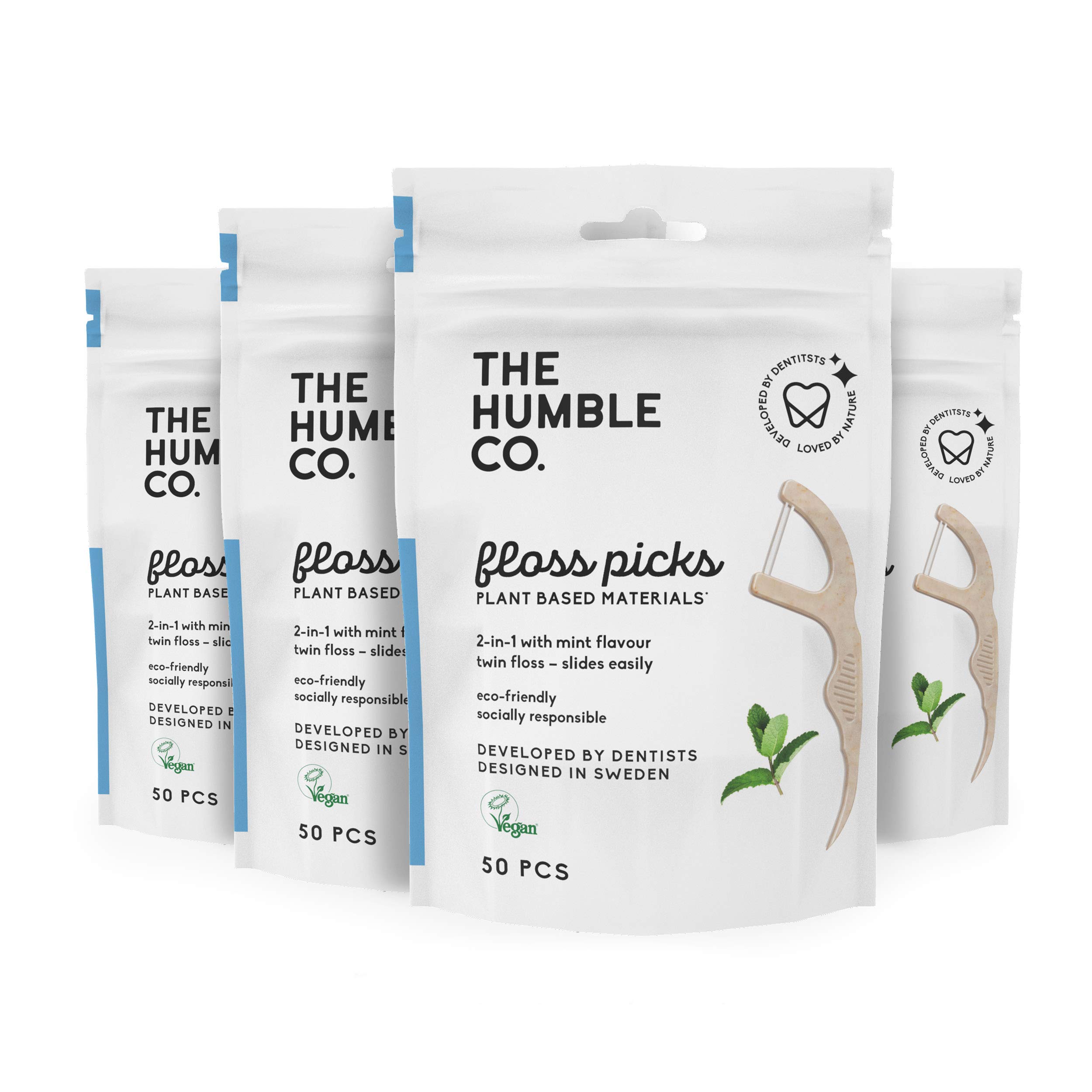 The Humble Co. Filo Interdentale A Base Vegetale | Menta Fresca | Ecologico, Vegan per la tua Cura Orale Quotidiana, Dentista Approvato - Rimuove la placca e dona una sensazione fresca (4 x 50p)
