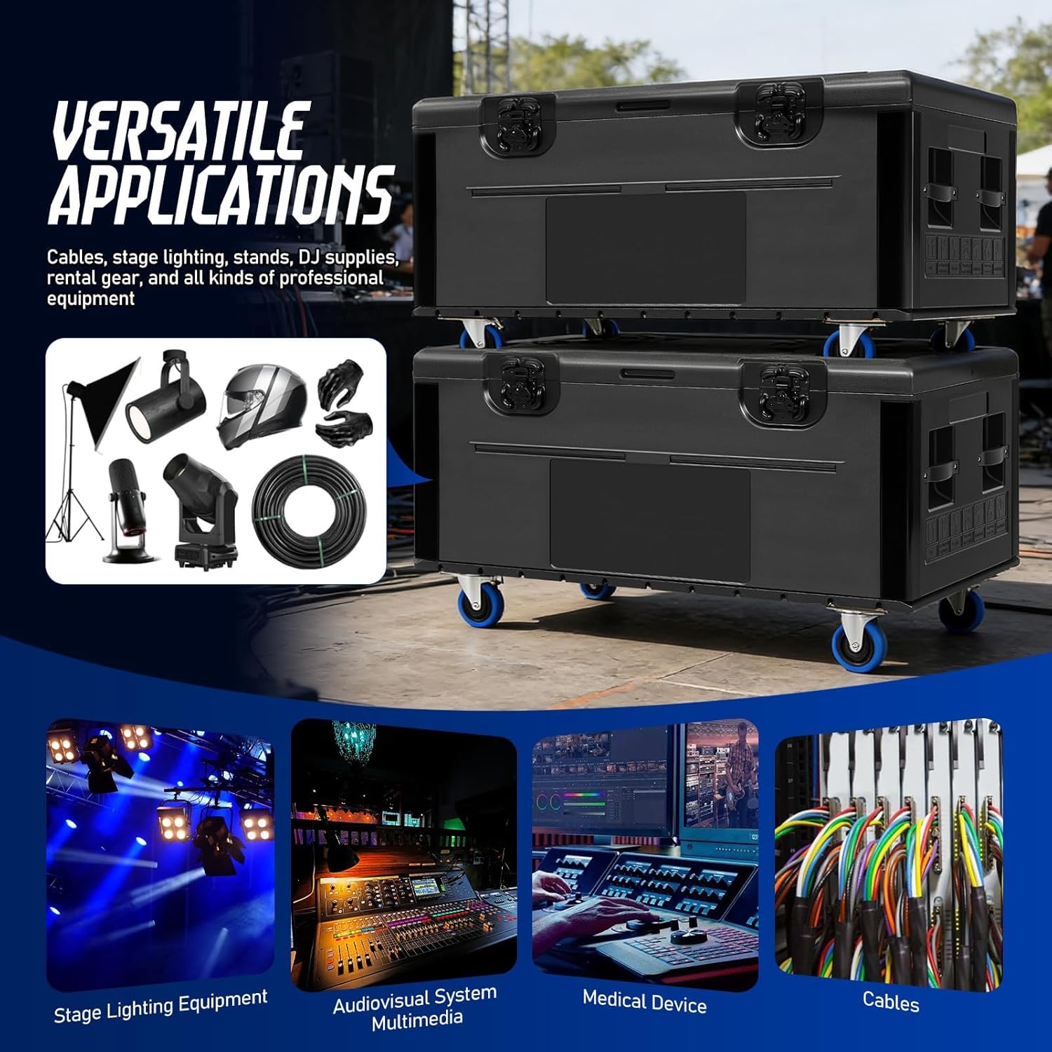 Cable Trunk Road Case Professional Stackable ATA Rolling Storage Road Cases with Wheels Lockable Casters Waterproof Touring Utility Tours for Pro Audio & DJ Equipment (44 x 22 x 24 Inches)