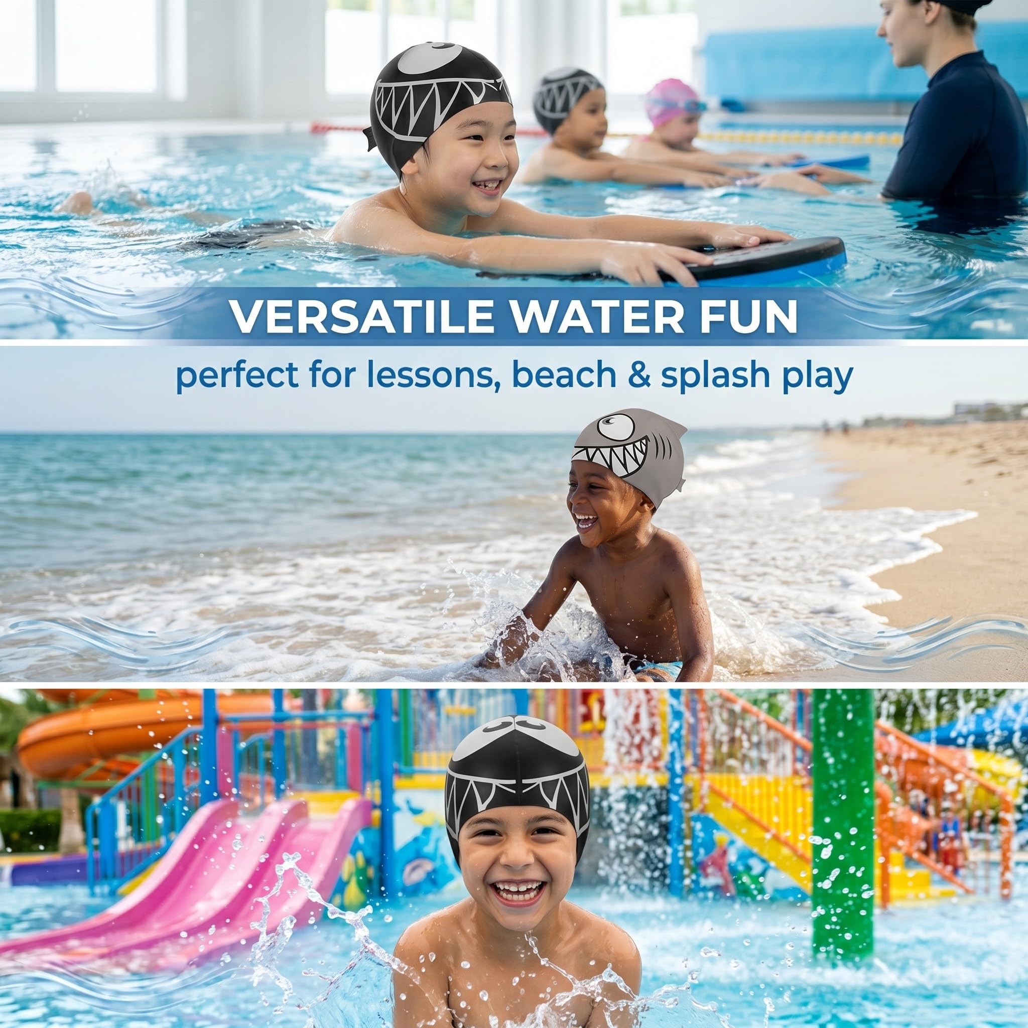 Set 2 cuffie nuoto squalo bambini, cuffia piscina nera e grigia con faccia squalo e pinna, accessori per lezioni nuoto allenamento vacanze al mare e giochi in acqua