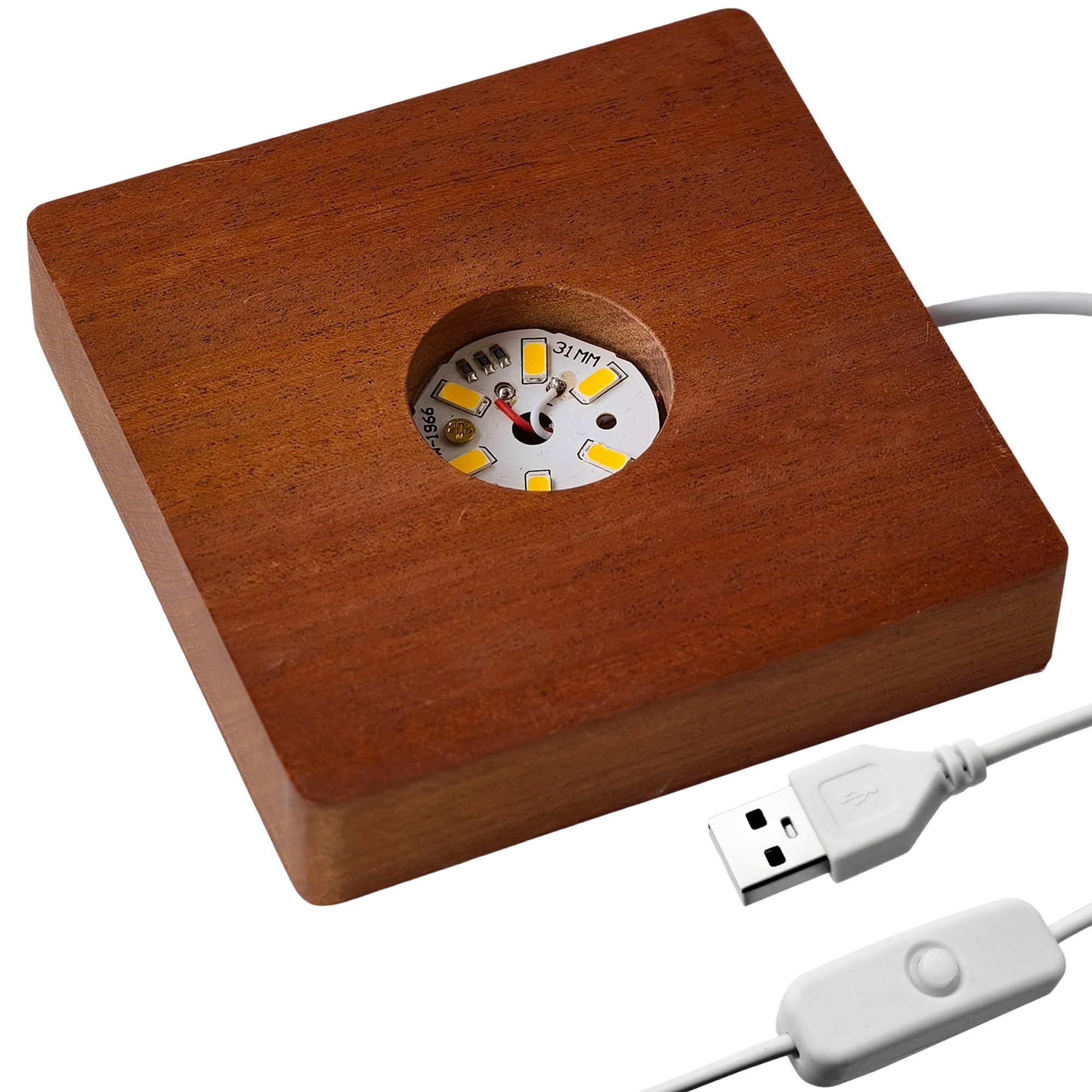 Wooden LED Light Base for Crystals Square Brown Wood Display Stand