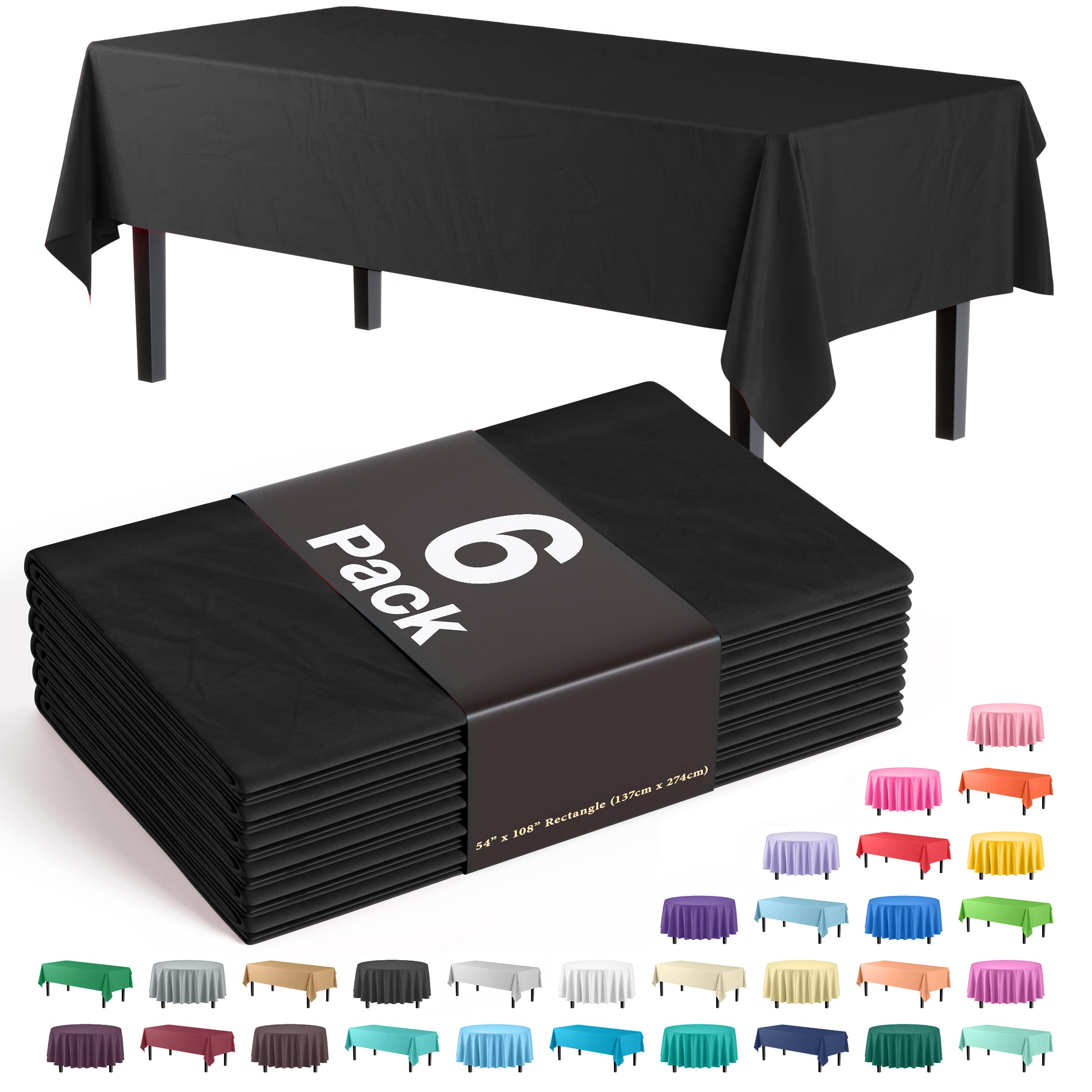 Party Solids 6-Pack Premium Plastic Tablecloth 54in. x 108in. Rectangle Plastic Table Cover - Black