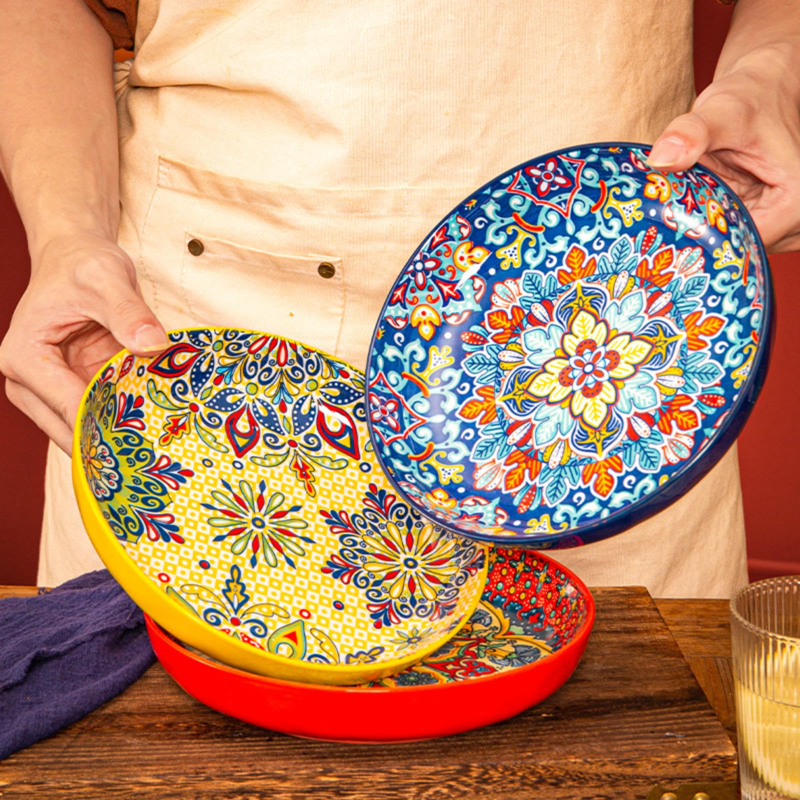 Set di 4 piatti piani rotondi in ceramica colorata da 20 cm, per pasta, torte e waffle, adatti al microonde e alla lavastoviglie