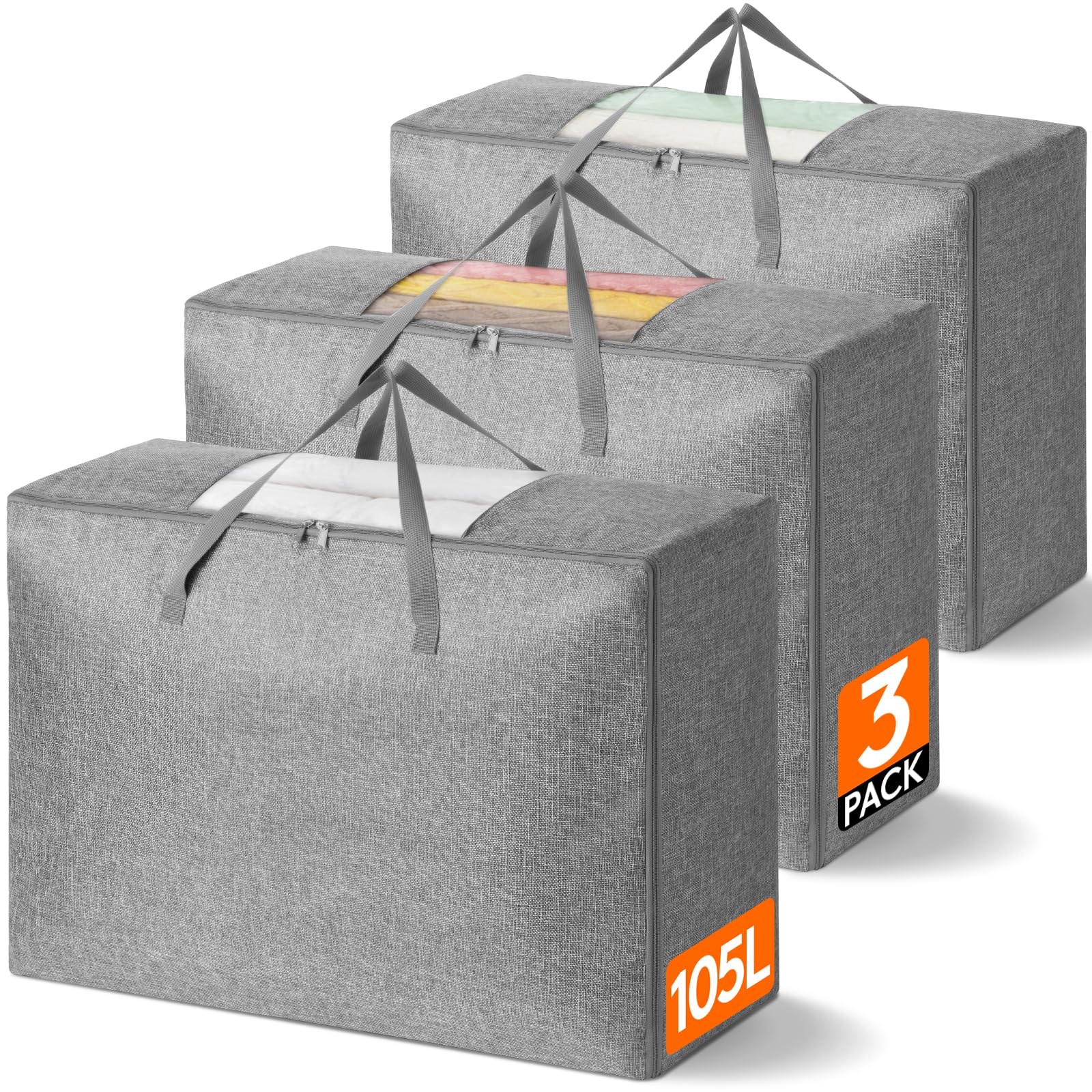 Lifewit 105L große Aufbewahrungstasche für Bettdecken, faltbare Aufbewahrungstasche mit verstärktem Griff und stabilem Reißverschluss für Kissen, Kleidung, Bettwäsche, 3 Stück, Grau, 70 x 30 x 50 cm