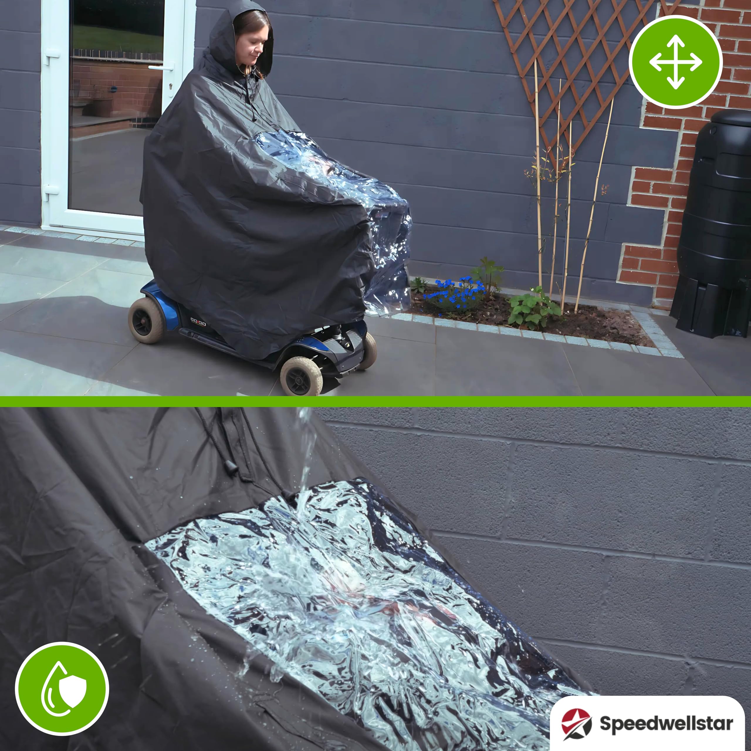 Speedwellstar Capa Lluvia Scooter Movilidad Impermeable Cortavientos Poncho Largo con Capucha Acceso Manos Panel Transparente Reflectante Negro