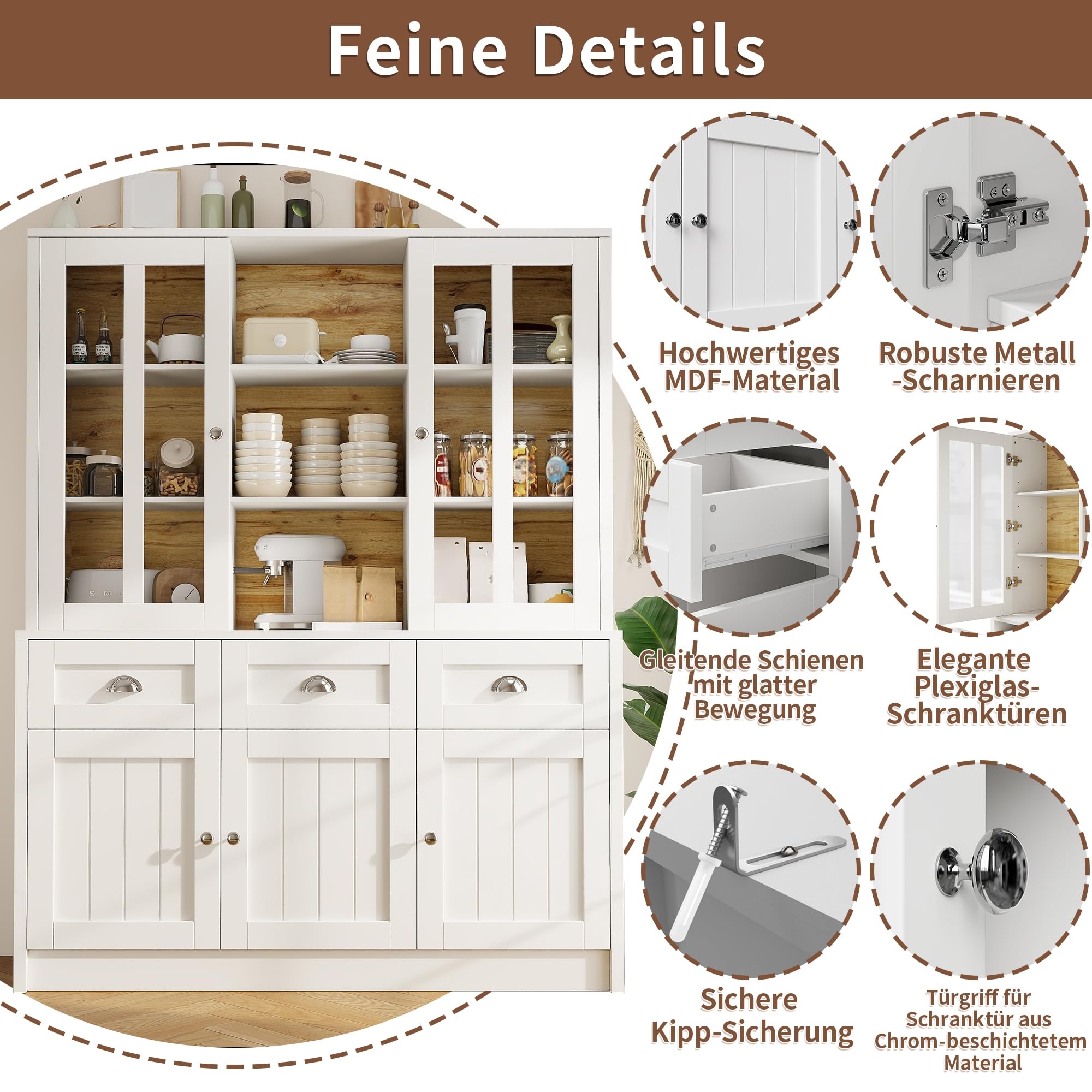 Küchenschrank mit Schubladen und Türen, Buffetschrank Hochschrank mit 9 Ablagefächer und Metallscharnier, Küchenbuffet Küchenschränke Küchenmöbel, Esszimmermöbel, Weiß, 140×38.5×175 cm