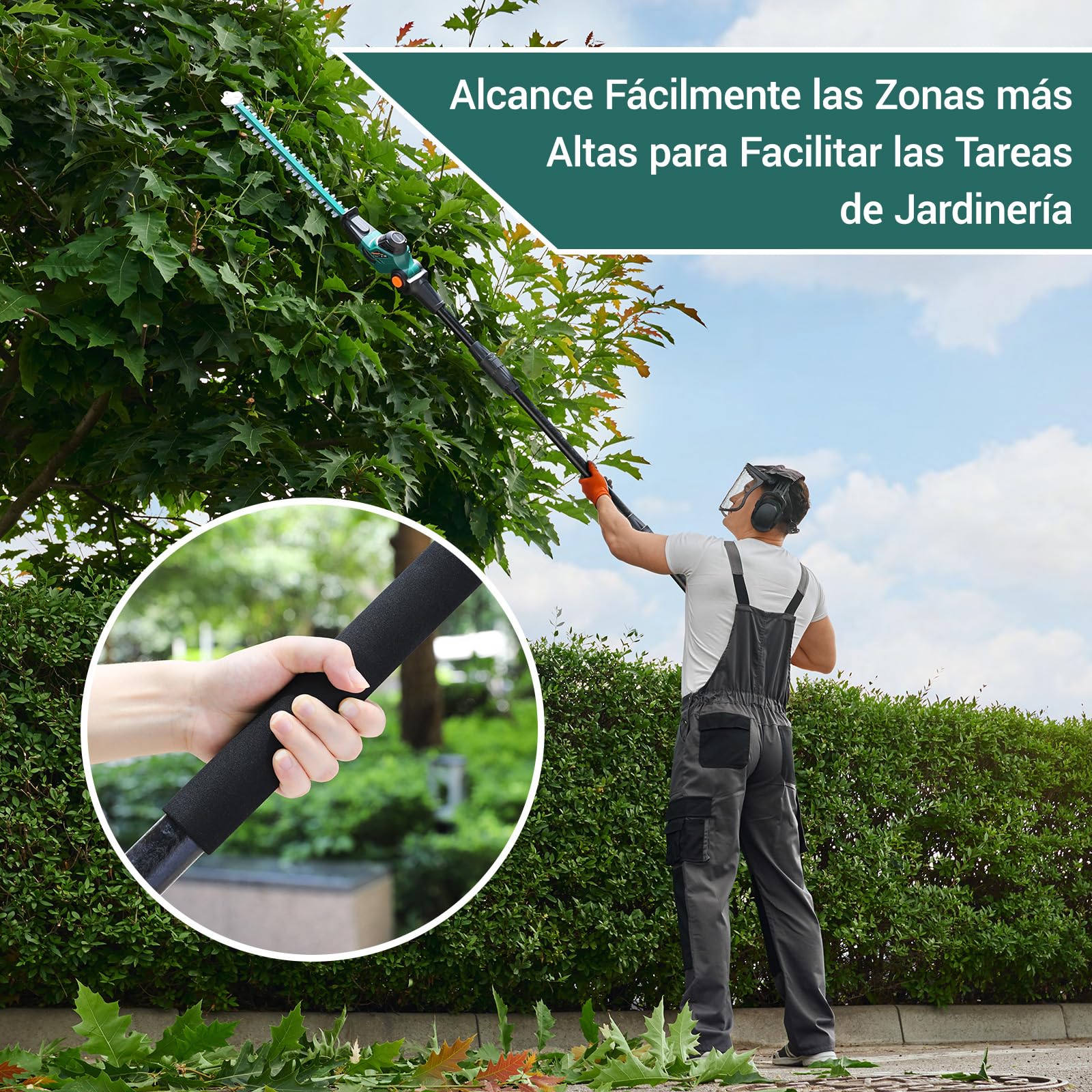 Cortasetos telescópico inalámbrico, Cortasetos inalámbrico, con batería/Cargador de Iones de Litio de 20 V y 4,0 Ah, Longitud de Hoja de 45 cm, Mango Principal Giratorio, Engranaje de Metal
