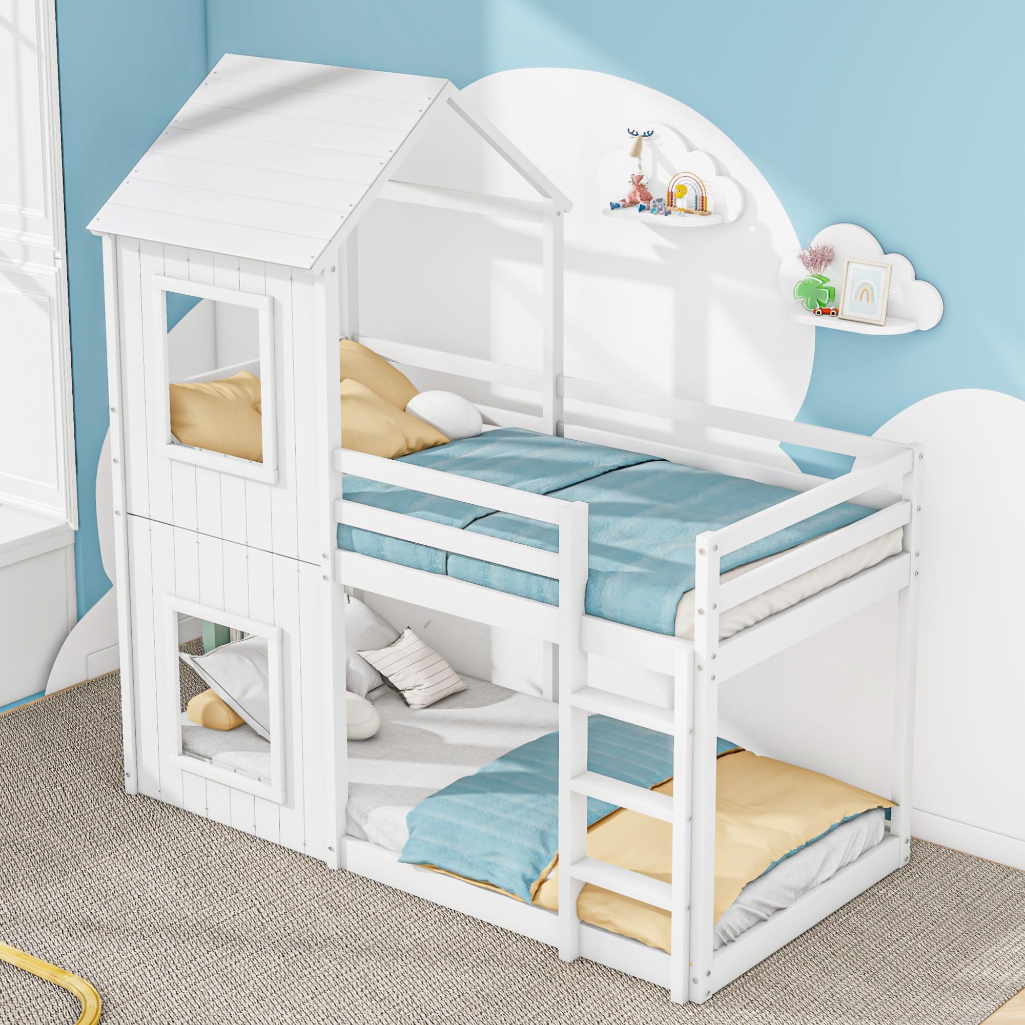 Kinderbett 90x200 Etagenbett für 2 Kinder, Hausbett Hochbett mit Leiter und Baldachin, Baumhausbett Stockbett Kinderhochbett Jugendhochbett mit Rausfallschutz und Lattenrost, Ohne Matratze, Weiß