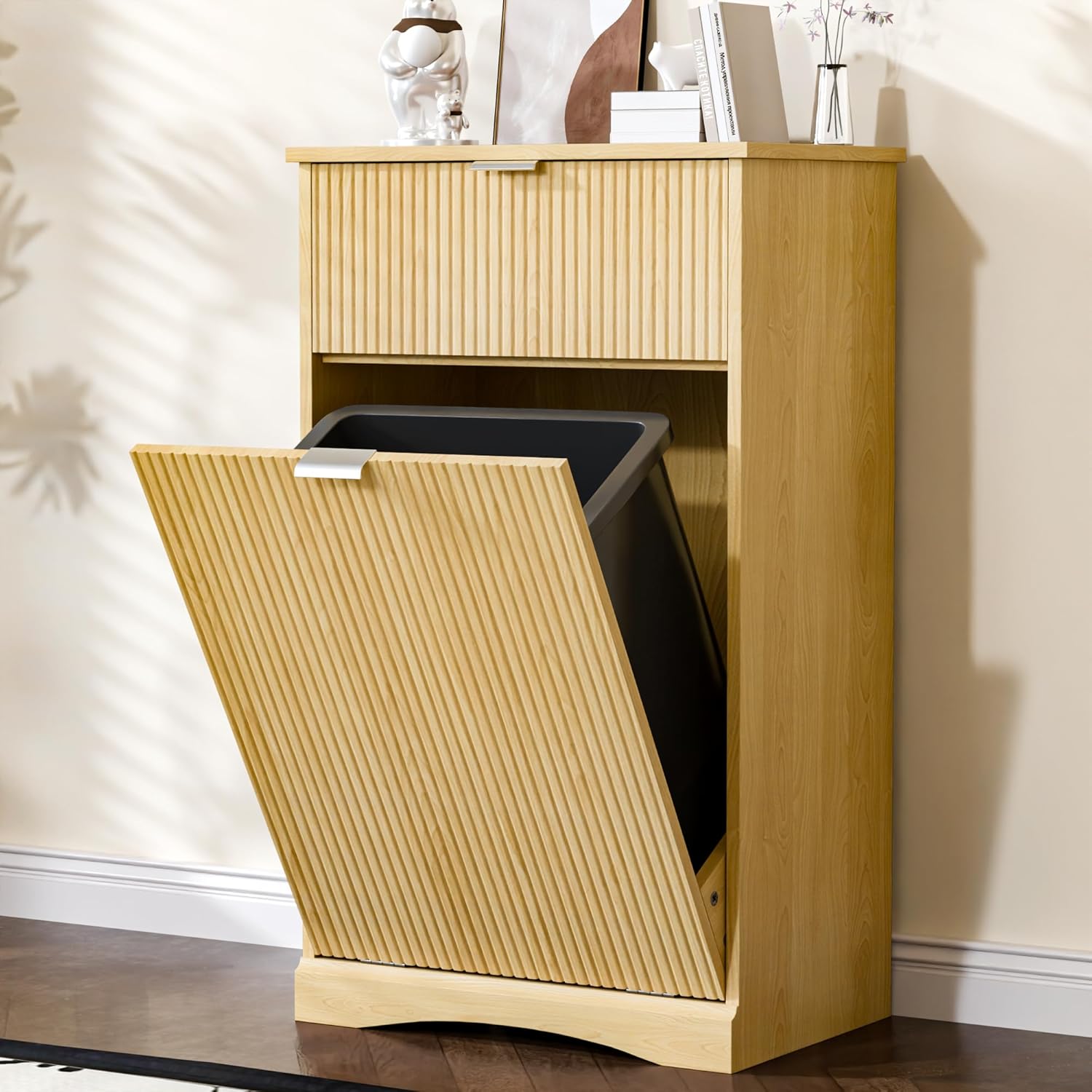 Zamildon's Single Tilt Out Trash Cabinet Freestanding, 1x10 Gallon Fluted Hidden Laundry Hamper Cabinet with Drawers, Garbage Can Holder for Kitchen, Bathroom (Natural Oak, 1 x 10-Gallon)
