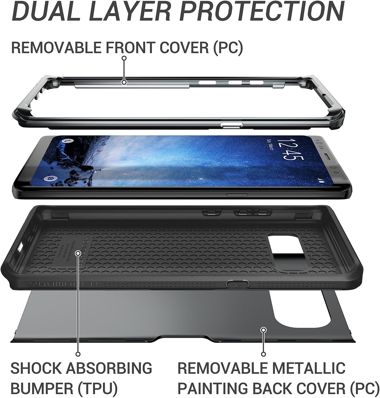YOUMAKER Galaxy Note 8 Case, Metallic Black Full Body Heavy Duty Protection Shockproof Slim Fit Case Cover for Samsung Galaxy Note 8 (2017 Release) Without Built-in Screen Protector (Metallic Black)