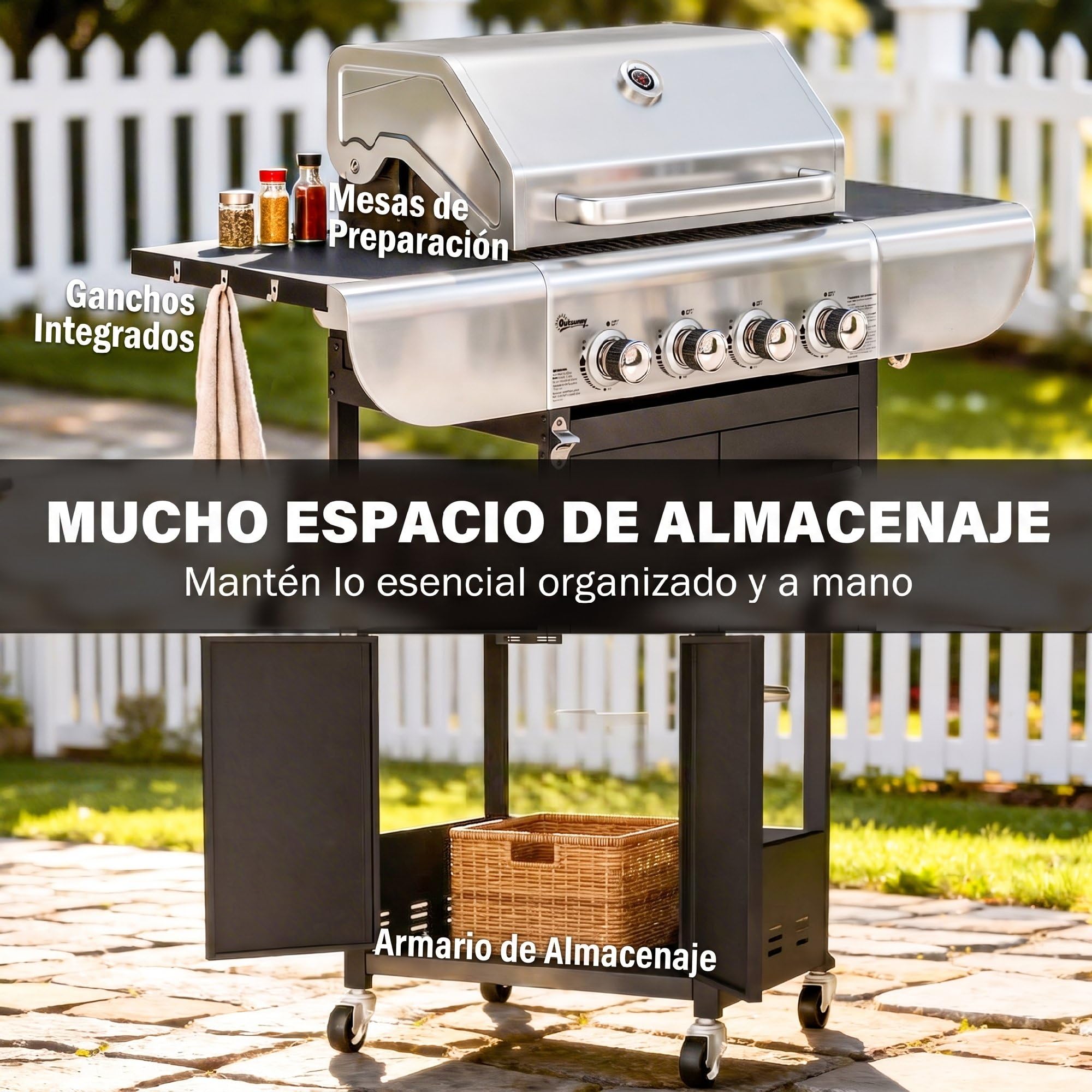 Outsunny Barbacoa de Gas BBQ Gas con 4 Quemadores 12,8 kW Barbacoa Portátil con Termómetro Mesas Laterales Armario Rejilla Calentadora Acero Parrillas de Hierro Fundido Recogedor Grasa 4 Ruedas Negro
