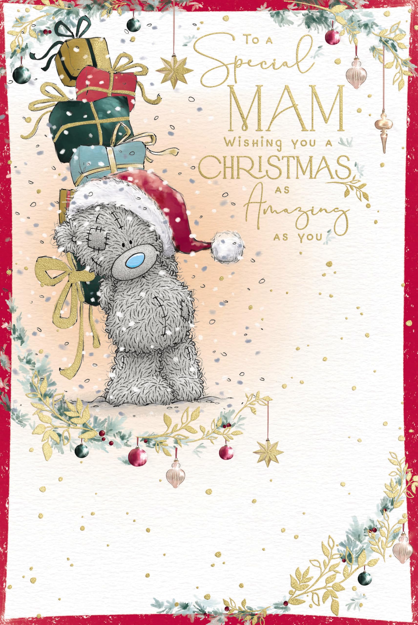 Me To You Tatty Teddy Christmas Card To A Special Mam, Tatty Teddy Bear With Stack Of Presents 15.2 x 22.8 cm - Official Collection