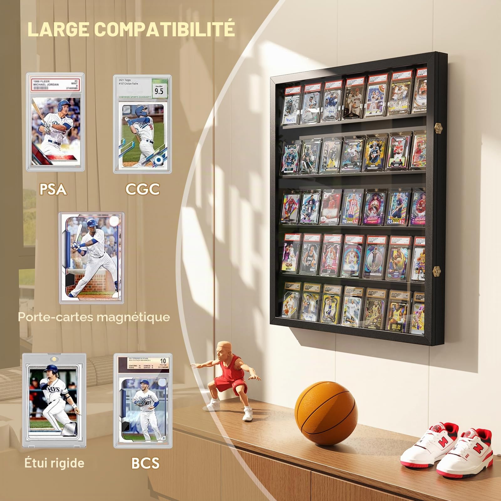 5 Étages Présentoir Mural de Cartes, Bois Étages Présentoir de Cartes à Collectionner, Transparent HD Cadre D'affichage de la Carte pour Cartes de Baseball de Sport Classées Collection (Noir)