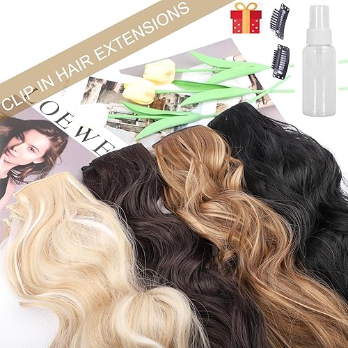 Miniatura 5 de Extensiones de cabello sintético de 24 pulgadas con clip, extensiones de cabello largo ondulado con clip, extensiones de cabello largo y ondulado de