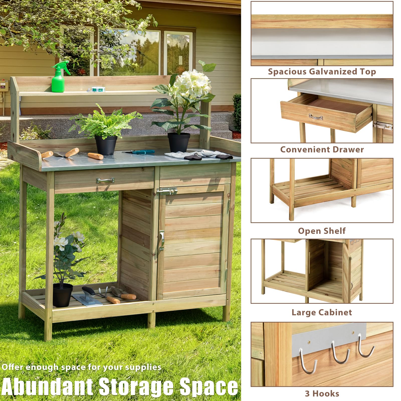 HOMASIS Tavolo da Giardino per Piante in Legno, Banco da Lavoro con Cassetto, Armadietto e Piano in Metallo, Mobile da Esterno per Giardinaggio da Balcone, Patio, Terrazzo, 112 x 46 x 125cm