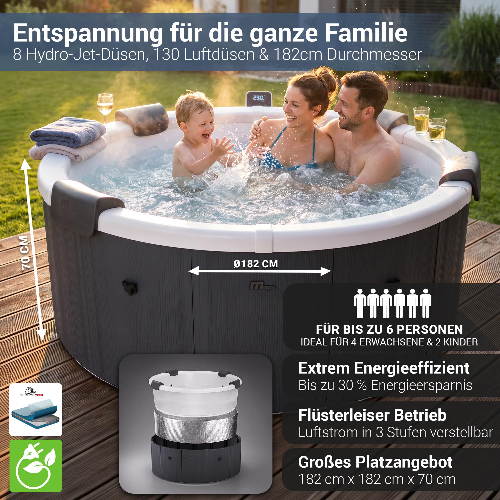 Miweba Whirlpool MSpa Denver mit Fester Außenwand | 6 Personen Spa Ø182x70cm | RGB LED-Beleuchtung | App Steuerung | 130 Massagedüsen | Ganzjähriger Einsatz Winterfest | In & Outdoor Pool | Gartenpool