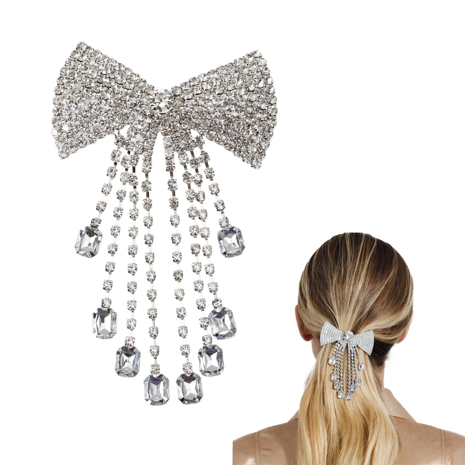 Umimiss Diamante Hair Clips, Sparkly Silver Rhinestone Bow Accessories with Crystal Tassel Water Drop Jewelry for Women Girls