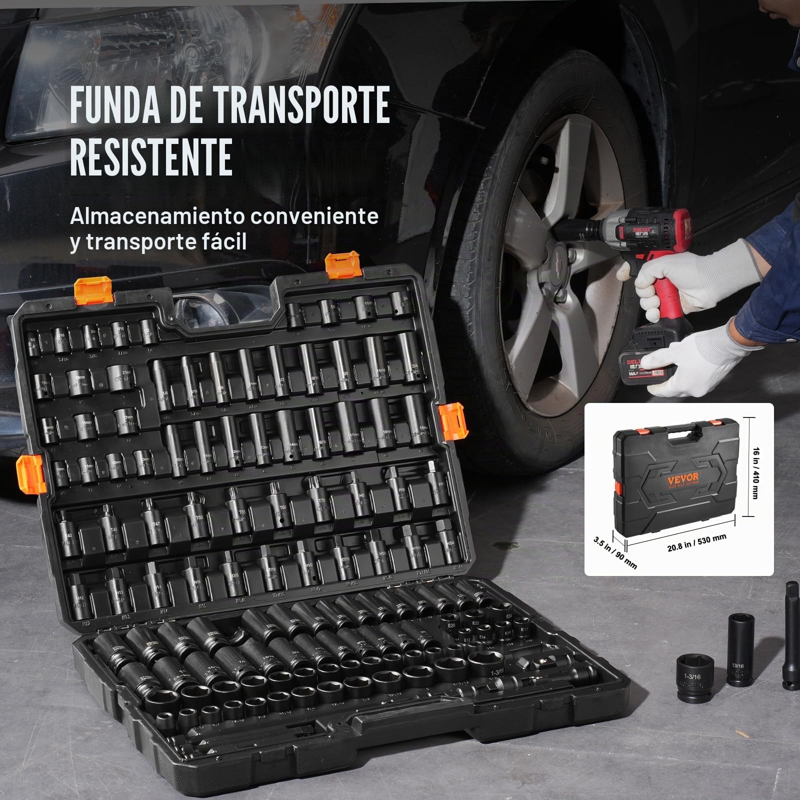 VEVOR Juego de Vasos de Impacto 9,5mm y 12,7 mm Juego de Vasos de Impacto Métricos 130 piezas Acero de Aleación CR-Mo 6 Puntos Marcas de Tamaño Fáciles de Leer para Reparación de Automóviles, Taller