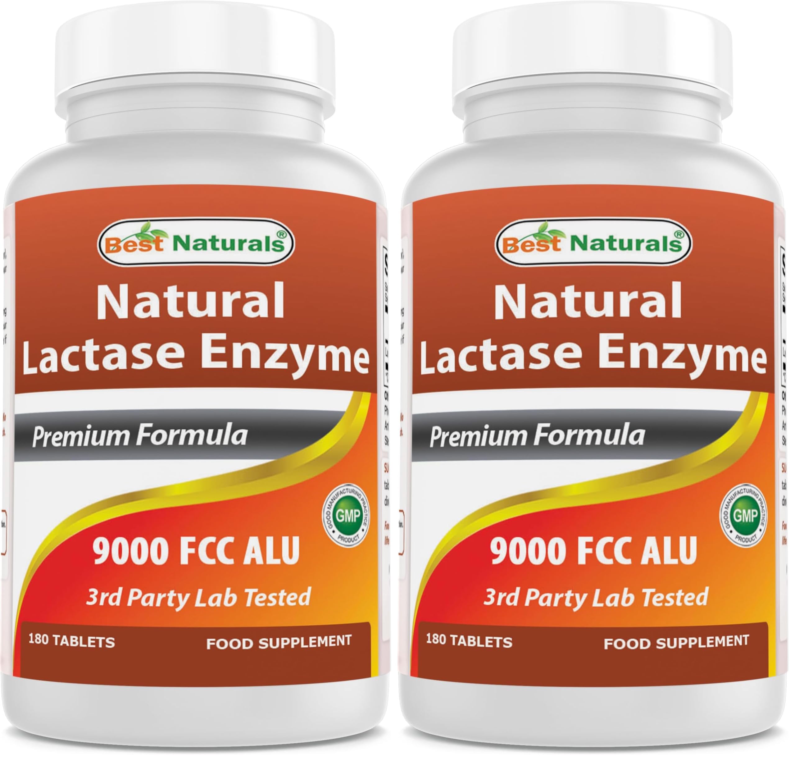 Best Naturals Lactose Intolerance Relief Tablets with Natural Lactase Enzyme, Fast Acting High Potency Lactase, 9000 FCC ALU, 180 Count (Pack of 2)