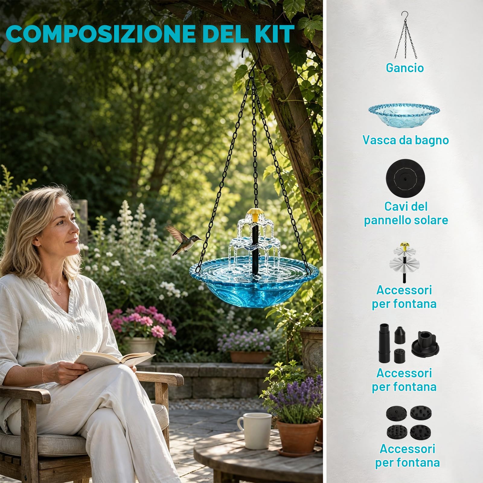 HENGBIRD Bagno per Uccelli da Appendere, Fontana Solare da Giardino - Vaschetta Blu Leggera con Cascata, Abbeveratoio per Uccelli per Balcone, Terrazzo ed Esterno