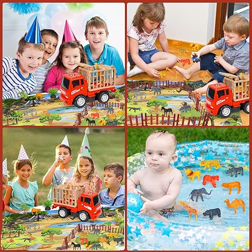 Miniatura 5 de Ynybusi Figuras de animales de juguete con camión transportador de coche para niños y niños, 34 piezas de juguetes de transporte de animales con