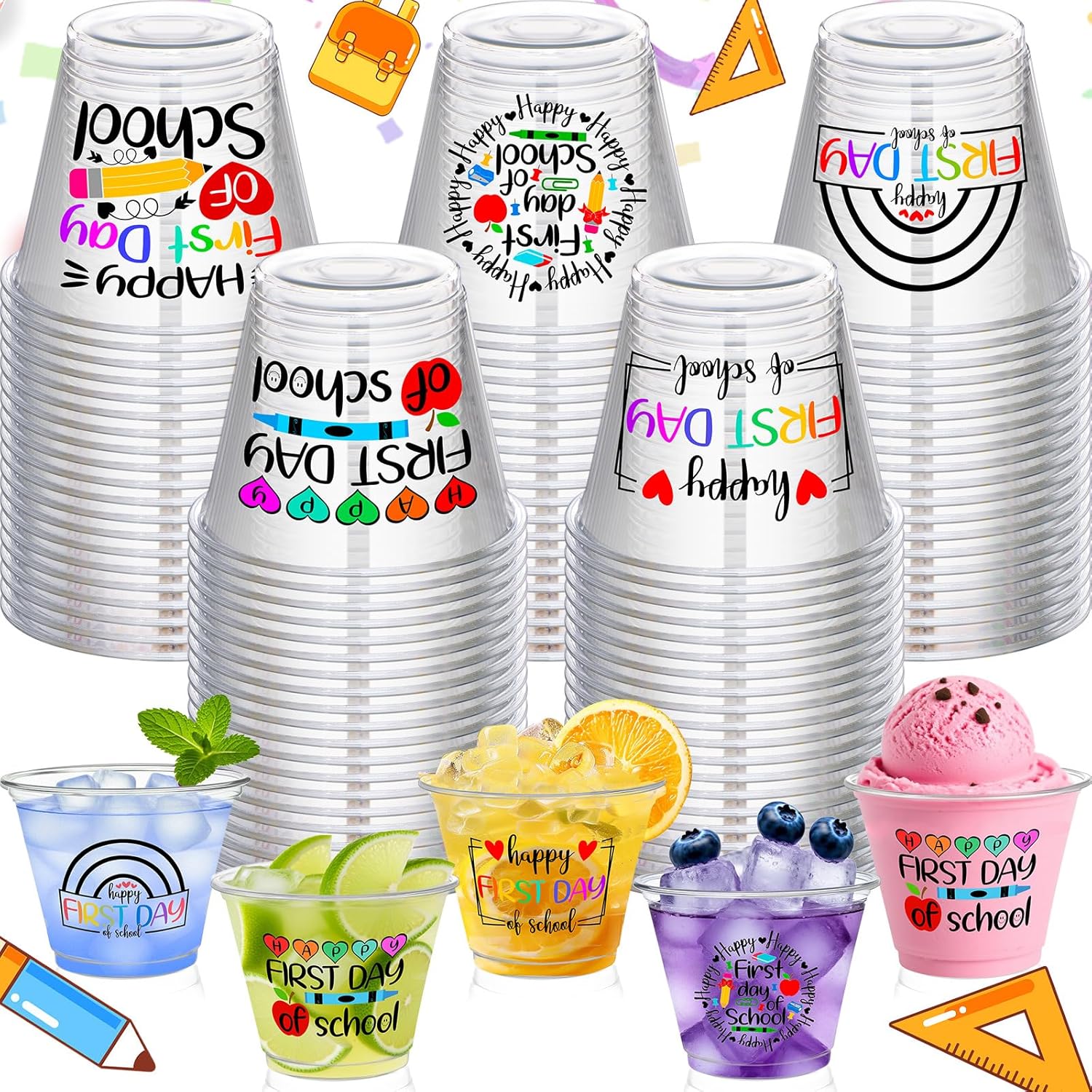 100 Pcs Back to School Cups Bulk First Day of School Party Favor Disposable Plastic Cups 9 oz Party Decorative Clear Glasses for Juice Beverage Drinks Holiday Table Supplies(Popular Style)