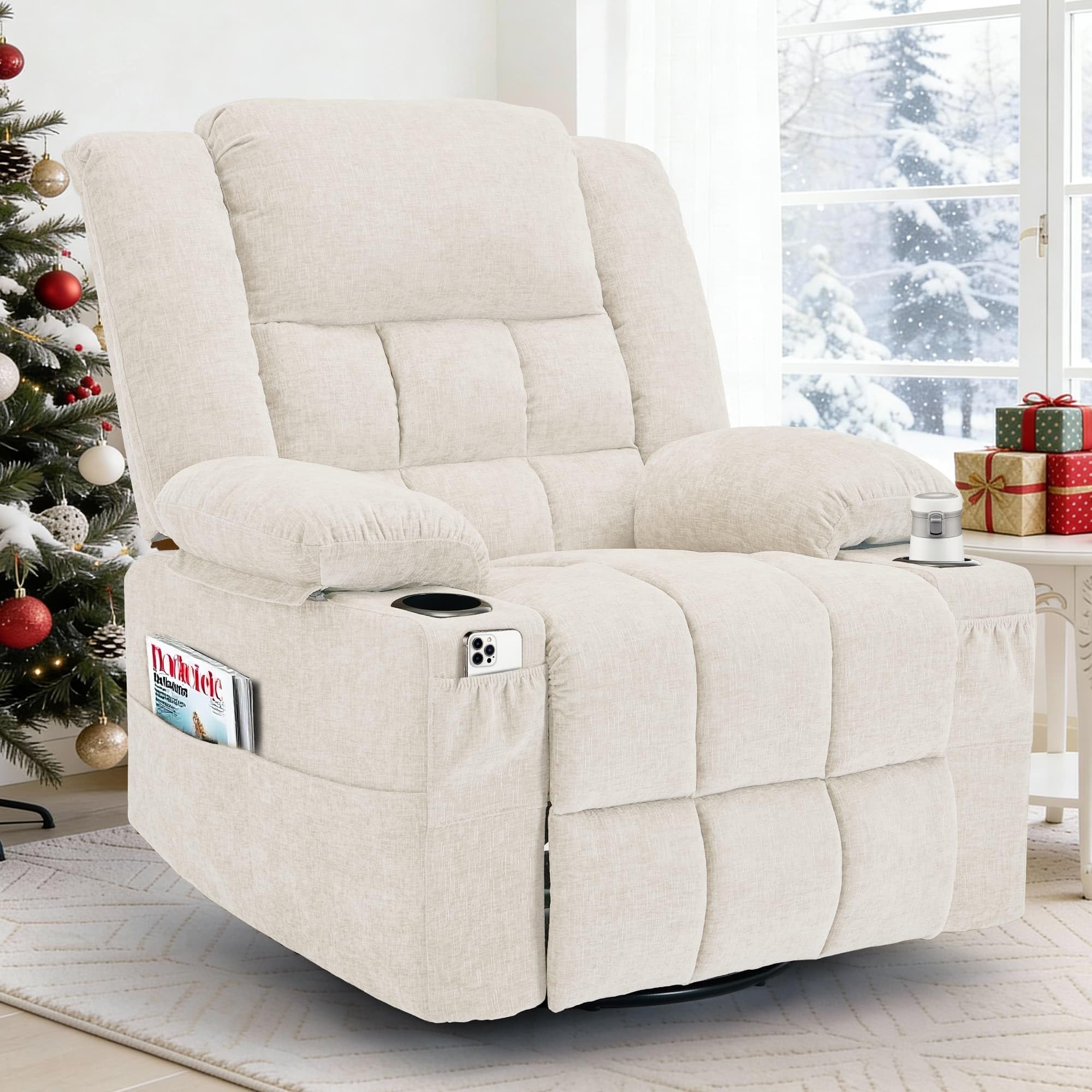 Korser 360° Swivel Rocker Recliner for Adults, Nursery Glider Recliner with Massage and Heating, Rocking Chair with Cup Holder, Manual Recliner Chair for Living Room, Bedroom (Fabric, Beige)