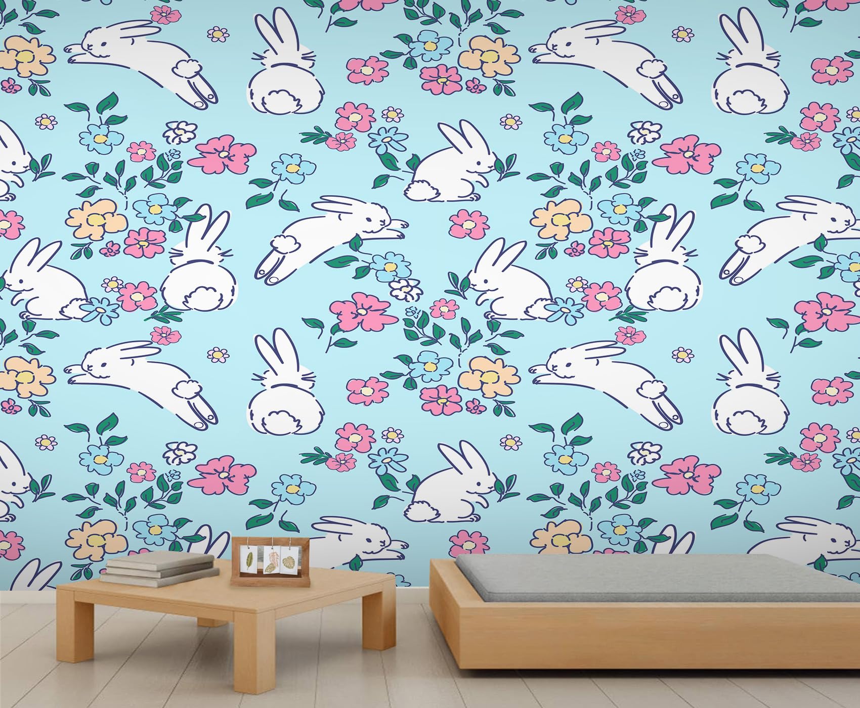 Papier peint fleurs et lapins pour une chambre d'enfant douce 250x175