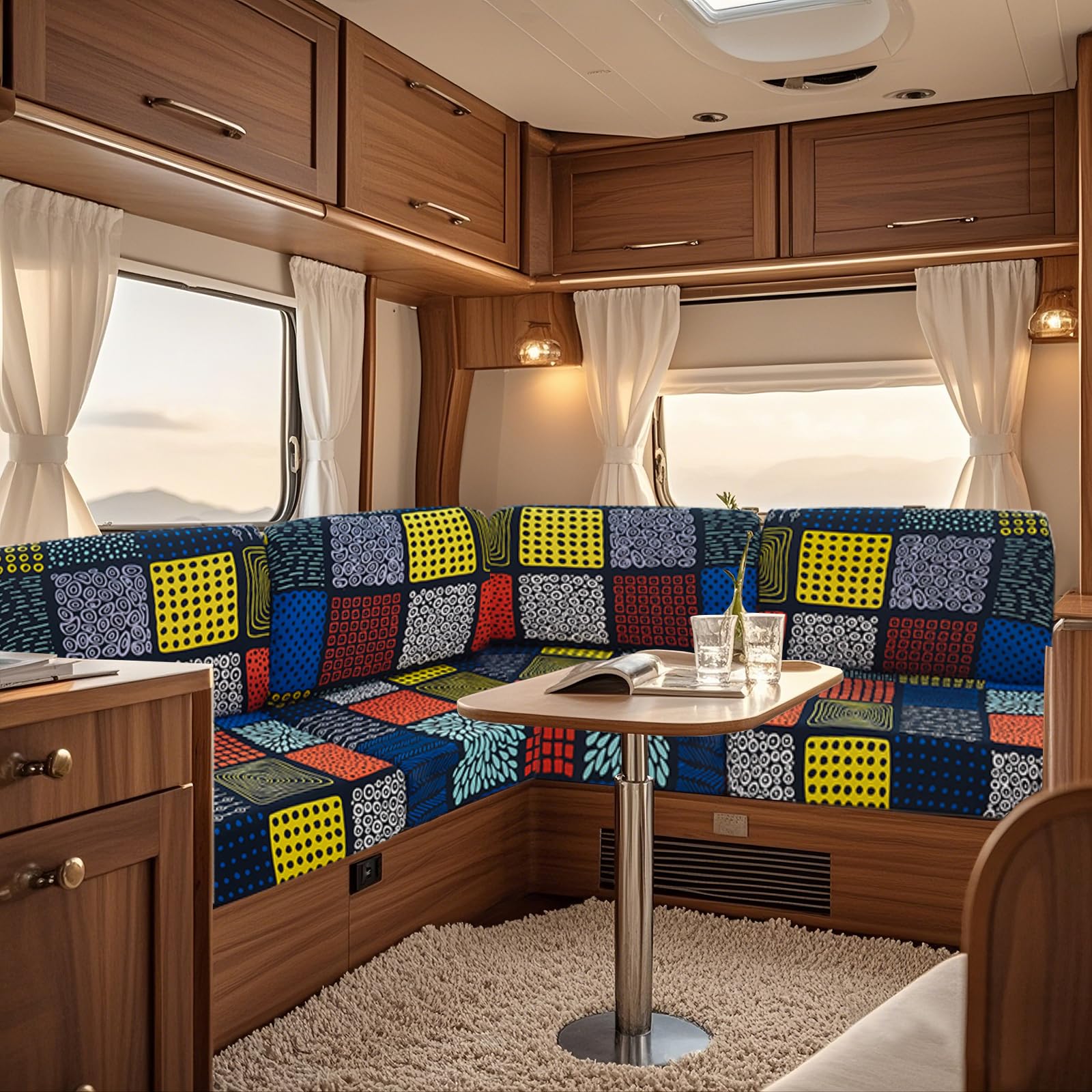 UNBBRRL Fit Stretch Caravan Seat Cover, Non Slip Elastic Fabric Printed Pattern RV Dinette Cushion Cover, Protector for Motorhome Sofa Bench with 4 Straps (navy square,Dining Chair Set(2pcs))