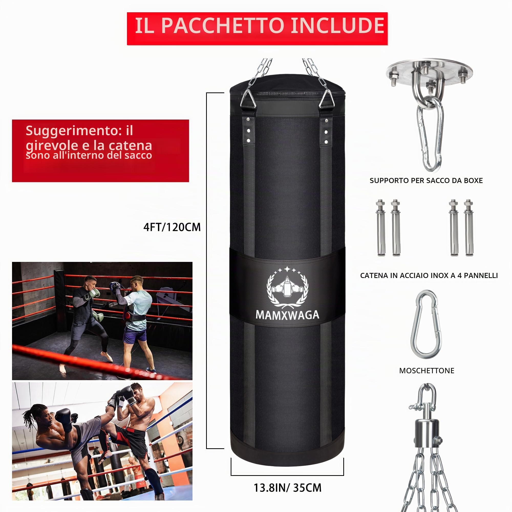 Sacco da Boxe Tela per Adulti 120cm, Pesanti Sacchi Pugilato da Appendere con Rotatore, Non-Riempito Canvas Punching bag Portata Massima 80kg