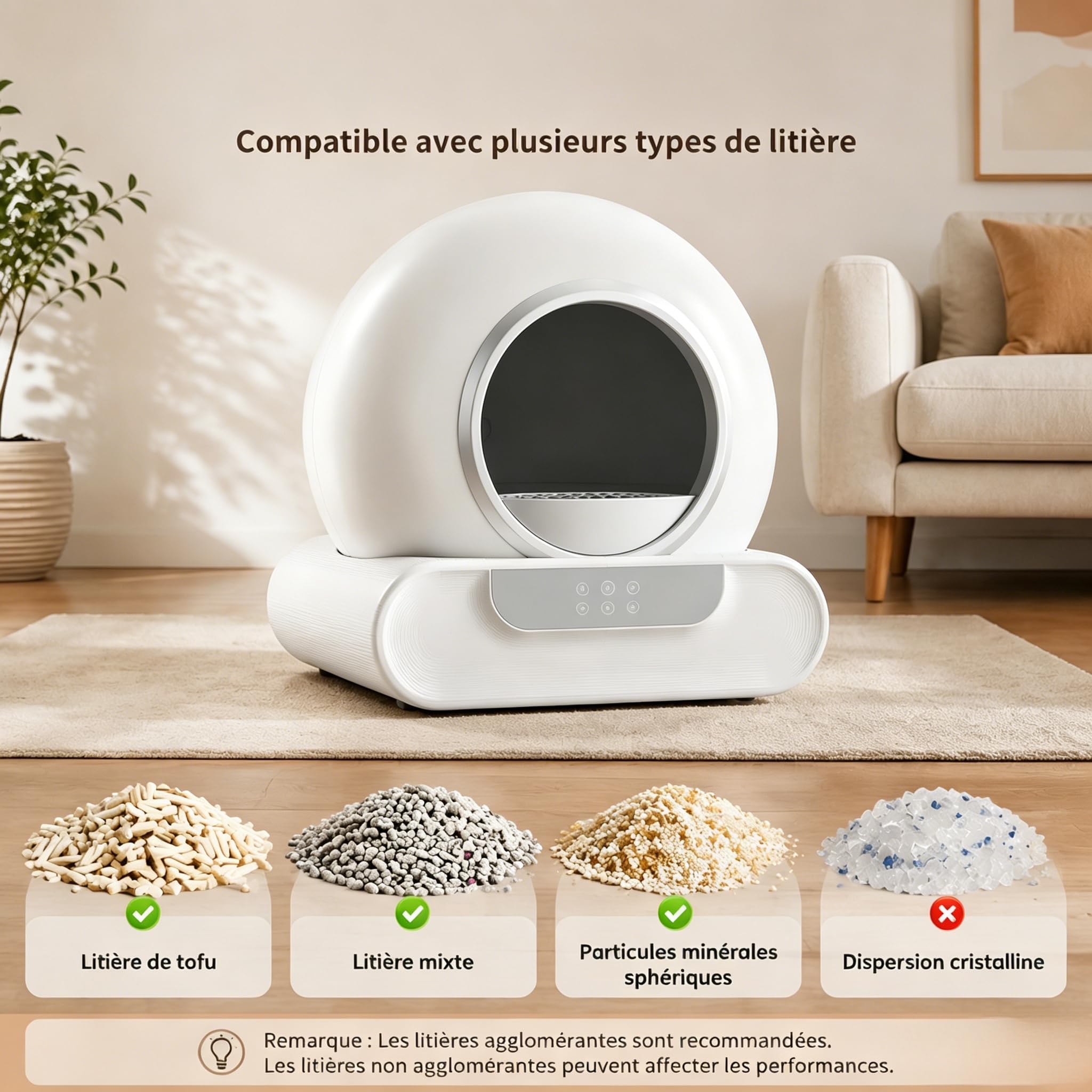 Litière Automatique Autonettoyante 74L pour Chat, Contrôle Via APP, Anti-Pincement, Désodorisation Ionique, avec Tapis et 5 Rouleaux de Sacs, Grande Capacité pour Plusieurs Chats