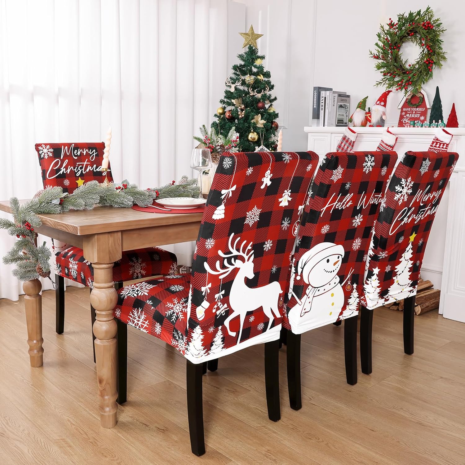 U'Artlines Christmas Chair Covers Set of 6, Removable Washable Merry Christmas Dining Chair Seat Covers Stretch Protector Slipcovers for Dining Room Kitchen Holiday Party Decor, Red Buffalo Plaid
