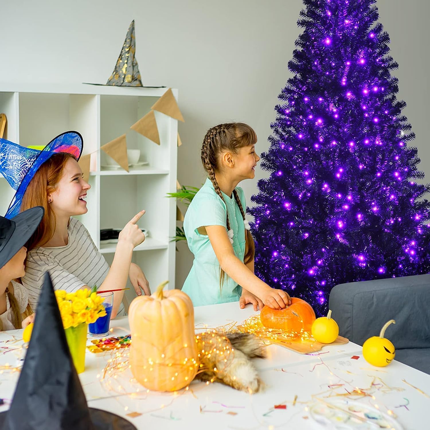 Happygrill 7ft Pre-lit Black Christmas Tree, Artificial Xmas Tree with 500 Purple LED Lights, 1096 Branch Tips & Foldable Metal Stand, Holiday Festival Decoration for Christmas Halloween