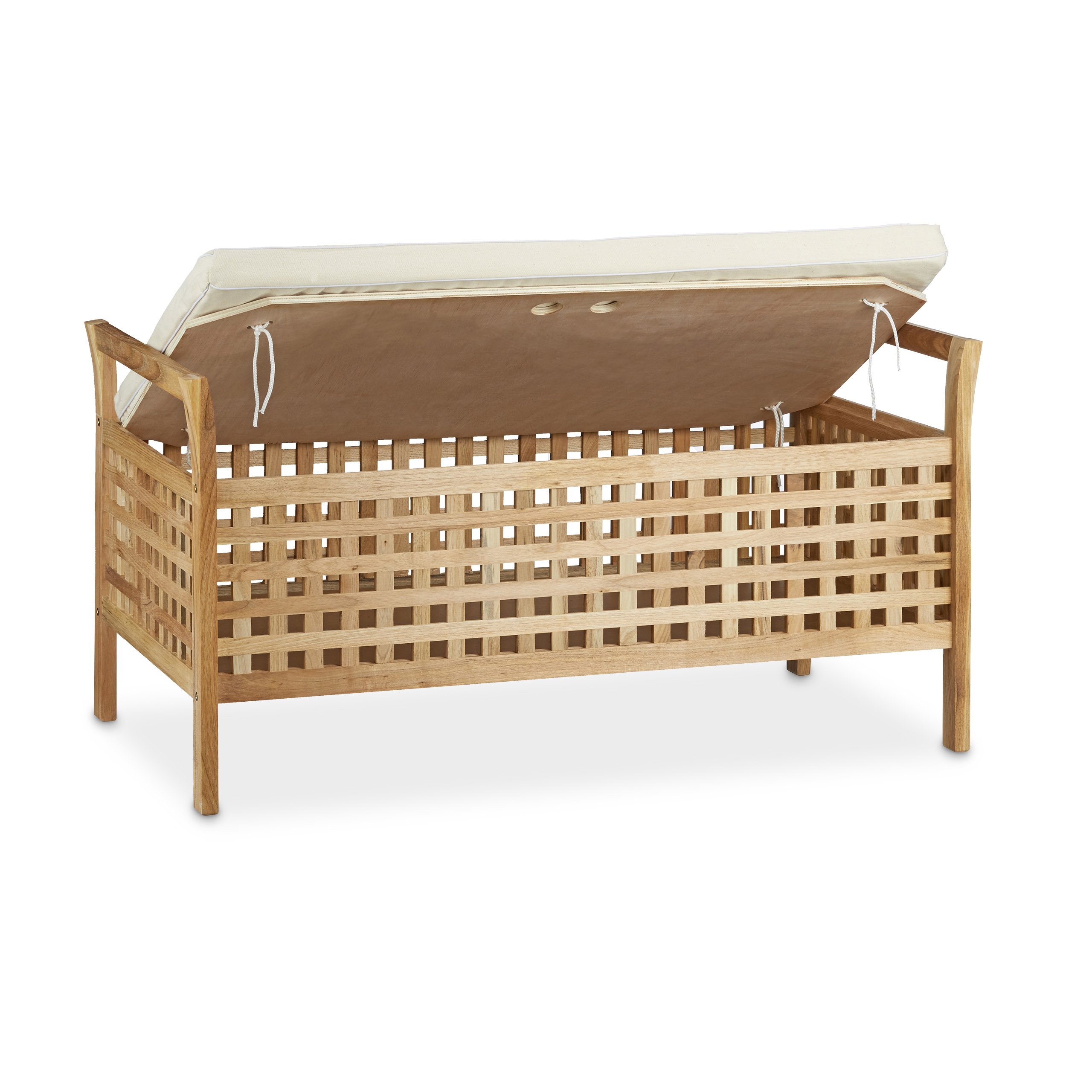 Relaxdays Cassapanca Contenitore, Panca in Legno, Cuscino, Camera da Letto, Ingresso, Porta Giochi, Naturale Bianco, Lino, Marrone, 1