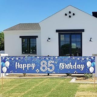 Happy 85th Birthday Banner Balloons Gift Crystal Glittery Stars Confetti Theme Decor Decorations for Men Women 85th Birthday Party Cheers to 85th Years Party Bday Supplies Silver and Blue Backdrop