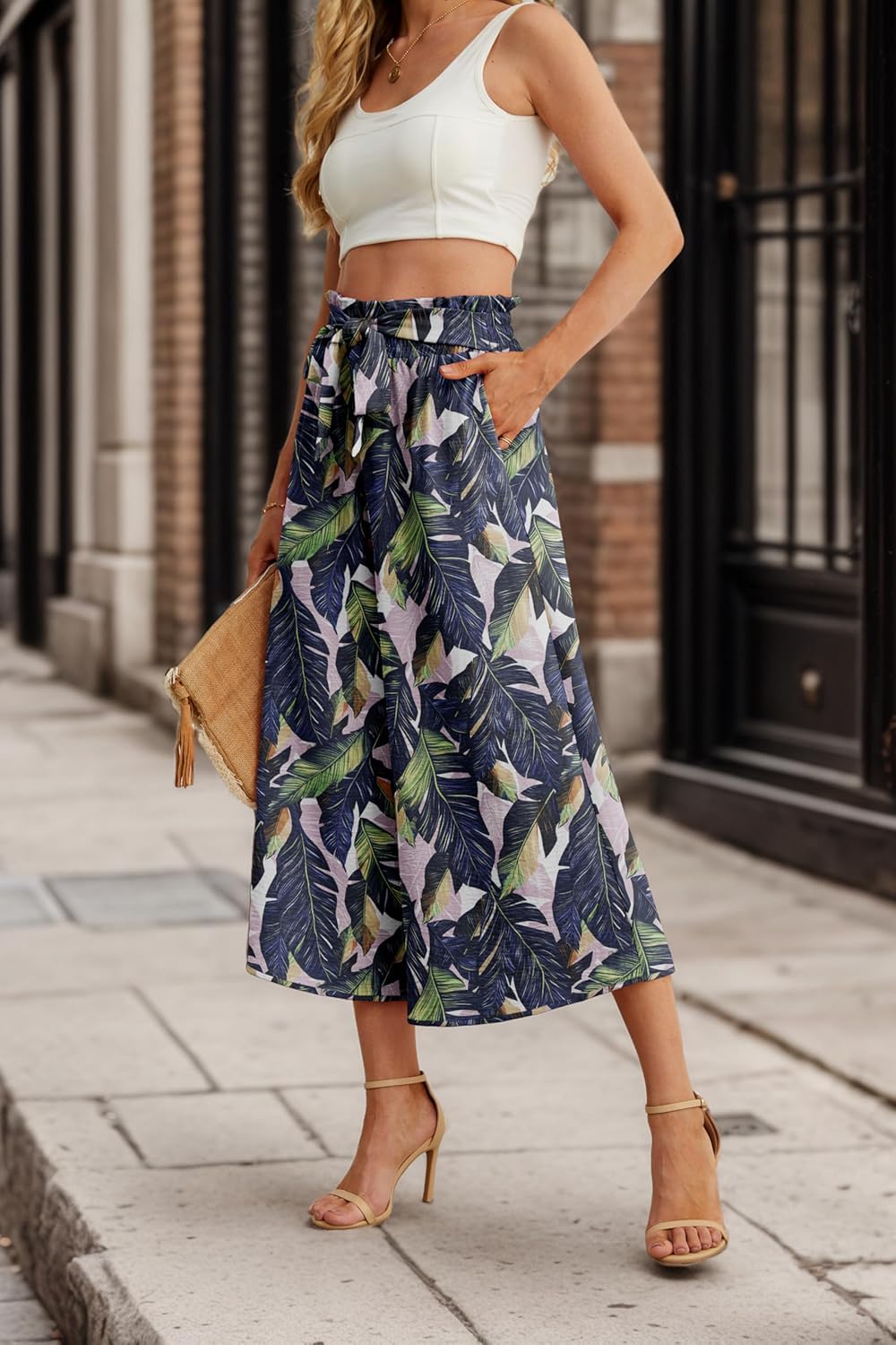 IWOLLENCE Women Flowy Loose Wide Leg Pant Summer Beach Casual Trousers high Waist Adjustable Knot Business Work Casual Pants