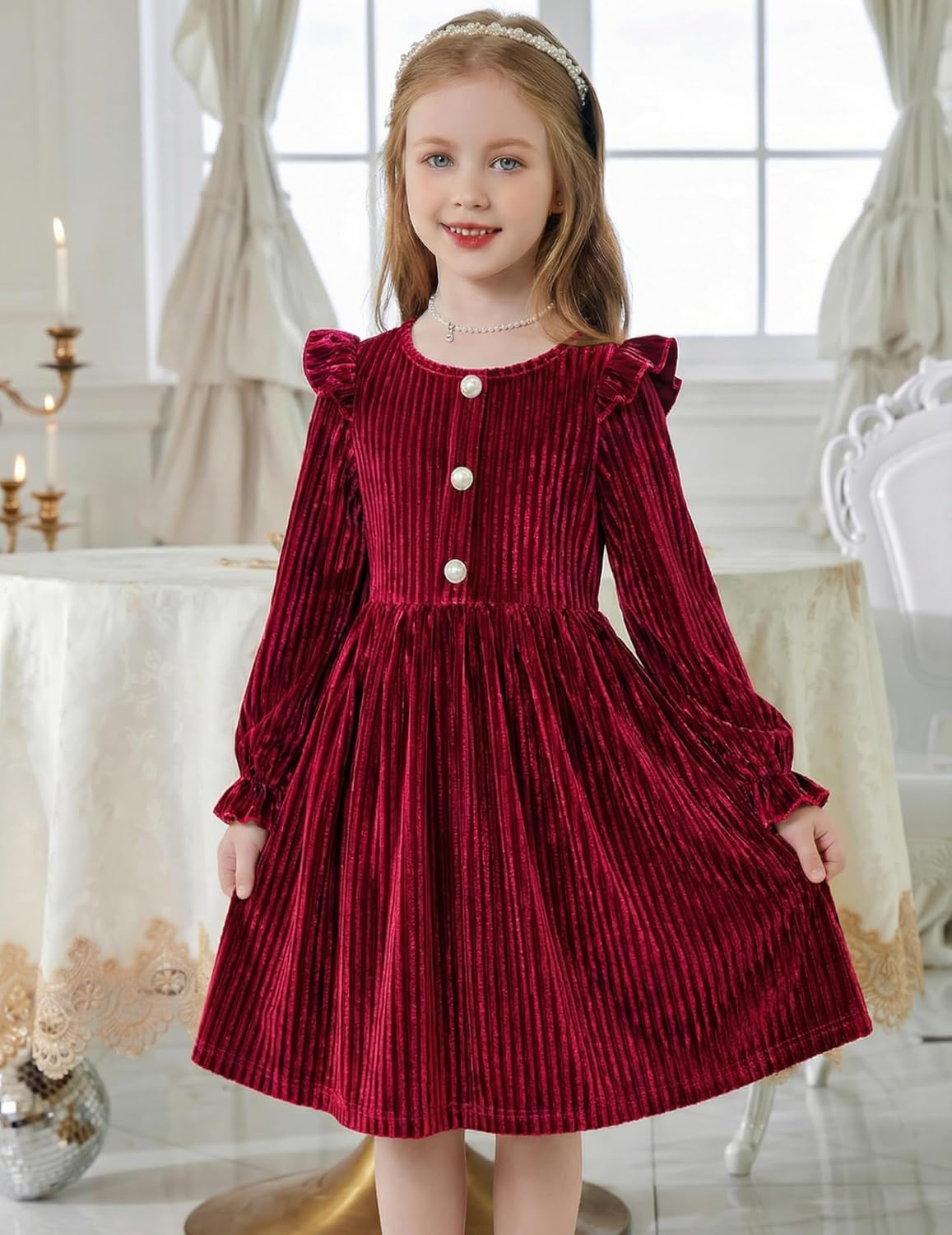 Arshiner Toddler Girls Long Sleeve Velvet Dress Ruffled Crew Neck Midi A-Line Fall Vintage Dress with Pockets for Kids 2-8Y - Image 3