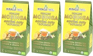 Miracle Tree Organic Moringa Energy Tea, Ginger Lemon, 3 x 16 Bags | Natural coffee alternative for steady focus. Single-origin, solar-dried in Sri Lanka. Plastic-free pyramid sachets.
