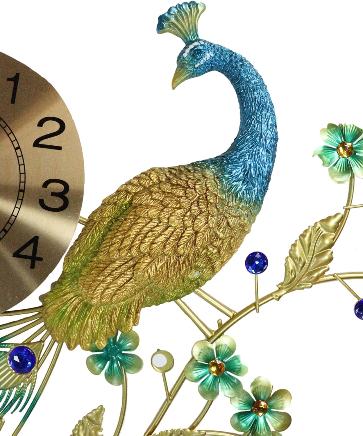 Ebros Gift 30" Wide Large Victorian Artistic Iridescent Proud Peacock Peering Back Iris Colorful Feather Like Train Gold Plated Metal Wall Clock Analog with Citrine and Blue Acrylic Gemstones