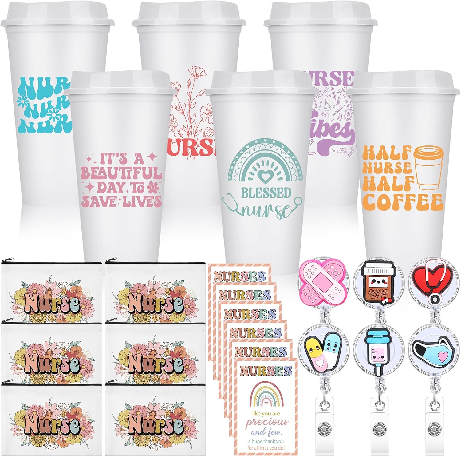 Skylety 24 Pcs Nurses Gifts Bulk Nurse Badge Reels Nursing Plastic Cups Appreciation Gifts Makeup Bags Card Reusable Cute Accessory for Women Hospital Staff Employee Staff