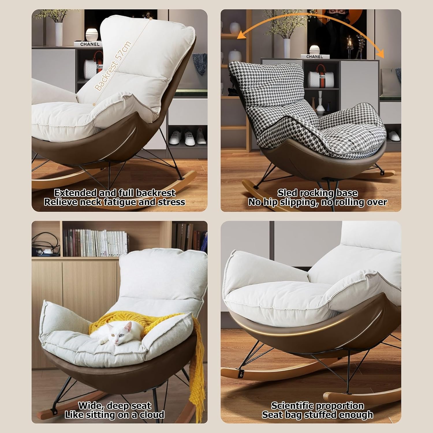 Patio Rocking Chairs Sets Modern Cozy Lounge Rocker with Cushion Comfy Reading Sofa Oversized Rocker for Indoor & Outside Adjustable Reclining Chairs for Indoor Living Room Outside Balcony Backyard (