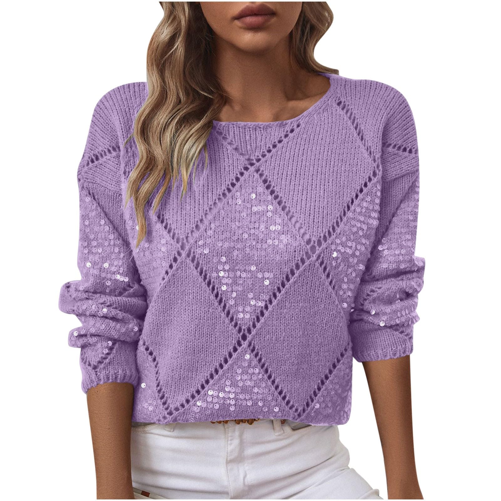 2025 Sweaters Womens Crew Neck Crochet Long Sleeve Hollow Out Knit Sweaters Fashion Sequin Patchwork Pullover Tops