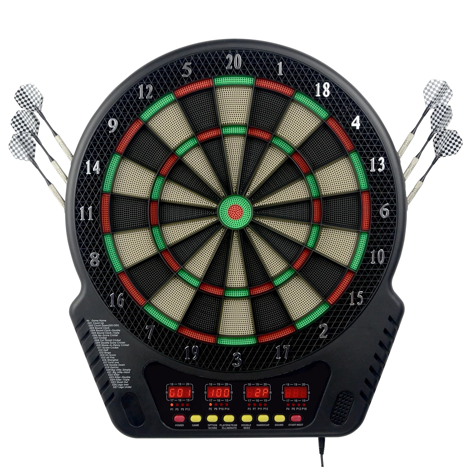 Cible Flechette Electronique, Jeu de Fléchettes Électronique avec 4 Écrans LCD, 27 Modèles de Jeux pour Jusqu’à 16 Joueurs, Fléchettes à Pointe Plastique Sécurisées pour Maison, Bureau et Bar