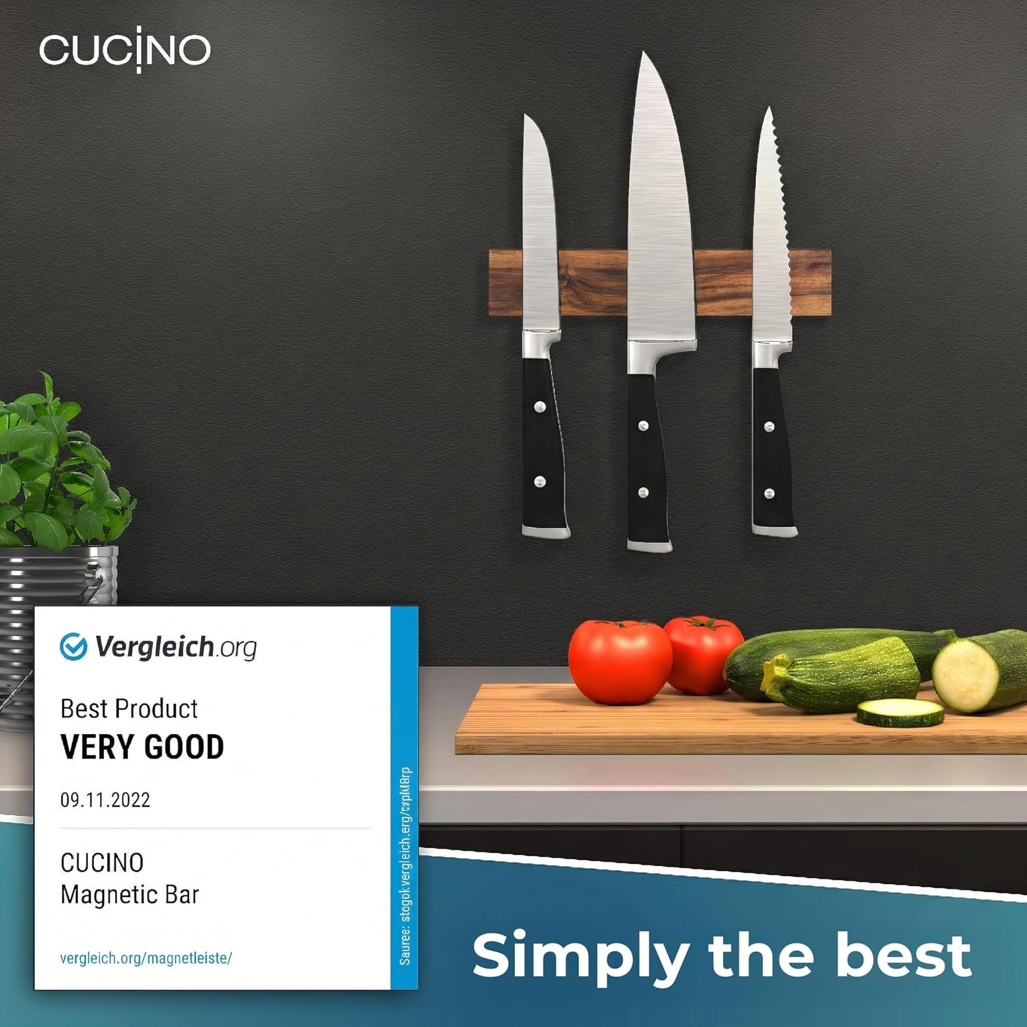 CUCINO Magnetic Knife Holder for wall, 10" no drilling required, includes self-adhesive tape, extra strong for holding knives – Awarded magnet strip – Acacia 10 inch Acacia