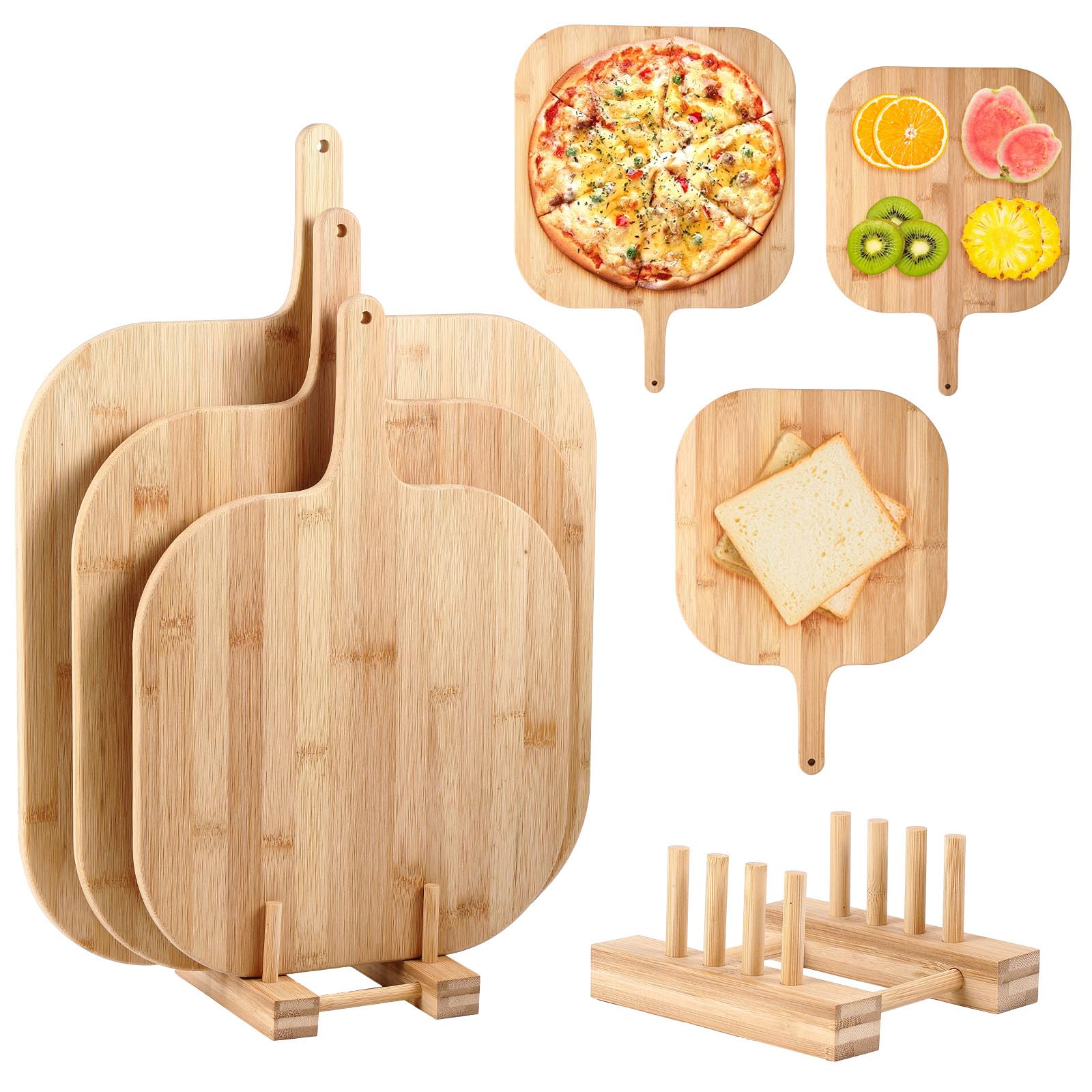 Hushee 3 Pcs Wooden Pizza Peel with Rack Set 12, 14, 16 Inch Bamboo Pizza Paddle Bread Pie Cutting Board with Handle for Kitchen