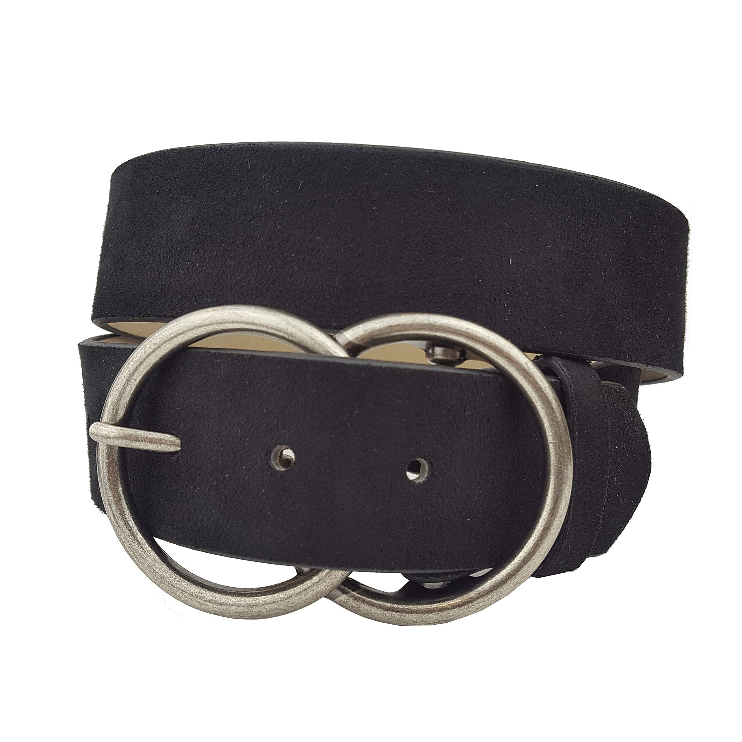 Axesoria Vegan Suede Belt with Double Ring Buckle (L/X, Black(Silver Buckle))